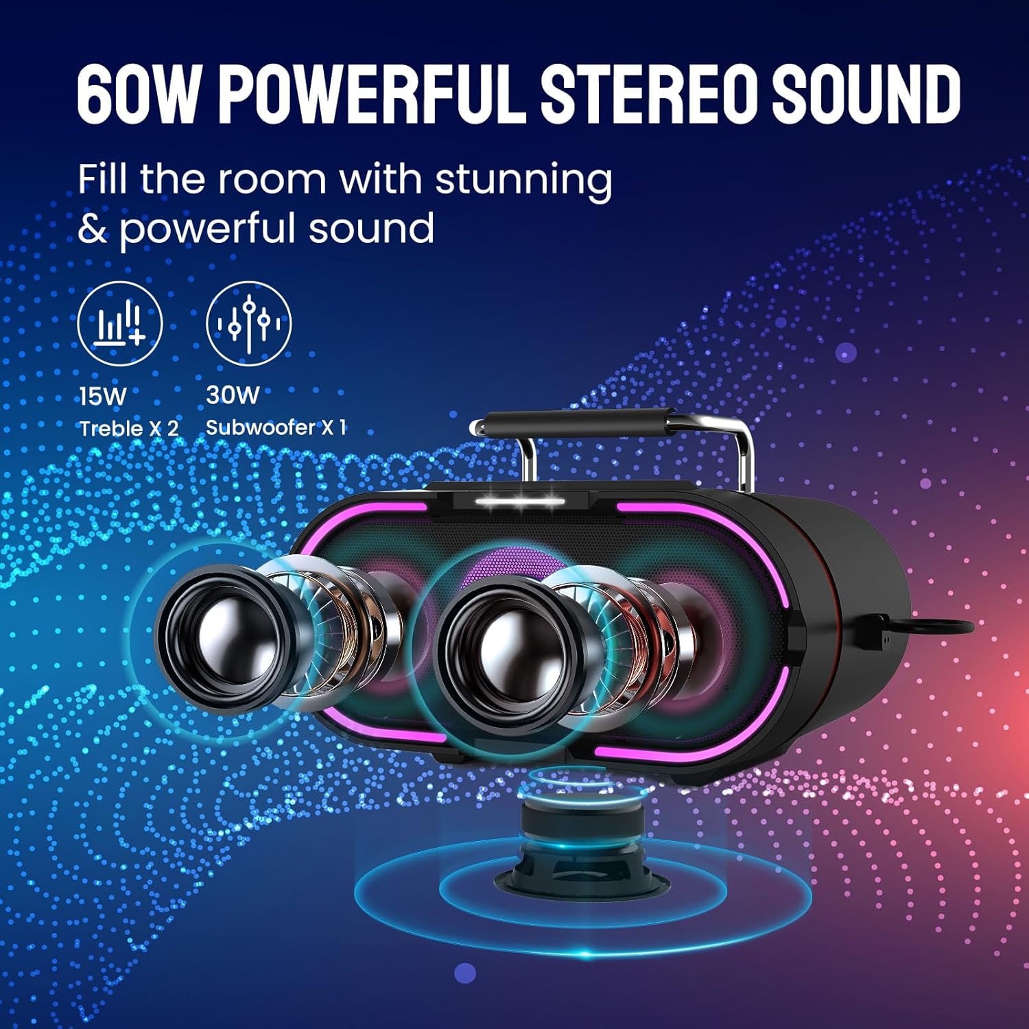 RHM K666PLUS Karaoke Machine with Powerful Sound, Deep Bass & Led Light, 2 Wireless Microphones, 7 Hours Playtime, Support Bluetooth/AUX/USB/PC for Outdoor Party