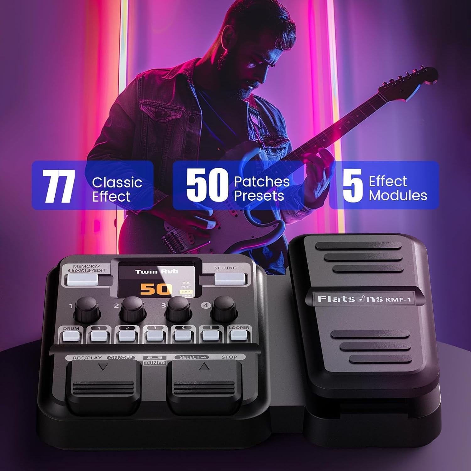KMF-1 Guitar Pedal, 77 Effects Guitar Multi Effects Pedal with 50 Preset, 42 Drum Rhythm, 18 Amp/Cab, Upgraded Color Screen, Aux In, Guitar Tuner Looper Expression Wah Volume Distortion Pedal