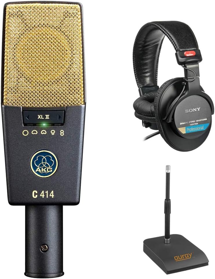 AKG C414 XLII Multipattern Condenser Microphone Bundle with Sony MDR-7506 Headphones & Desktop Mic Stand
