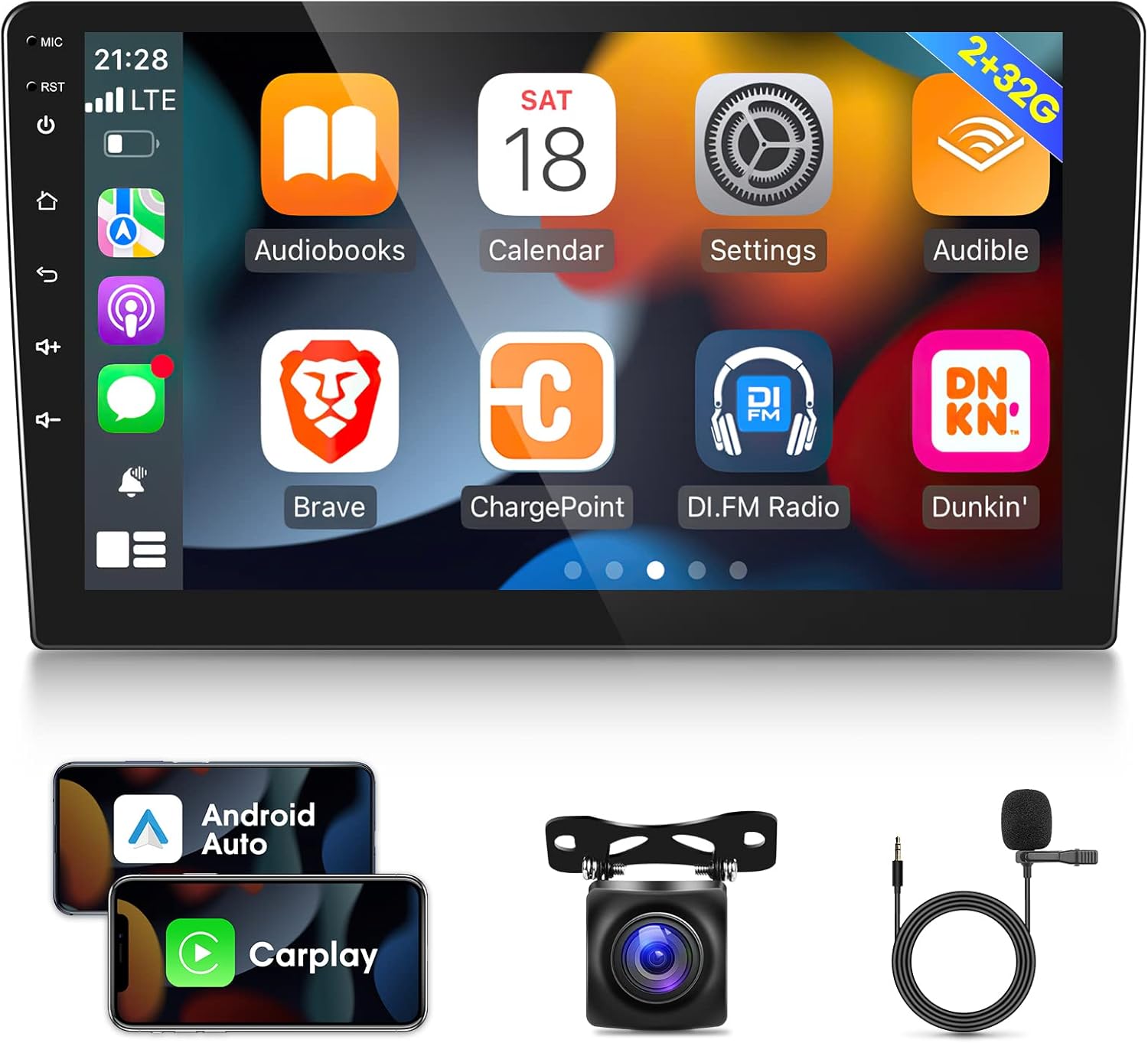 [2G+32G] 10.1 inch Android 11 Double Din Car Stereo with Wireless/Wired CarPlay and Android Auto, Touch Screen Android Radio with Mirror Link/1080P/EQ/WiFi/SWC/Bluetooth +AHD Backup Camera+MIC