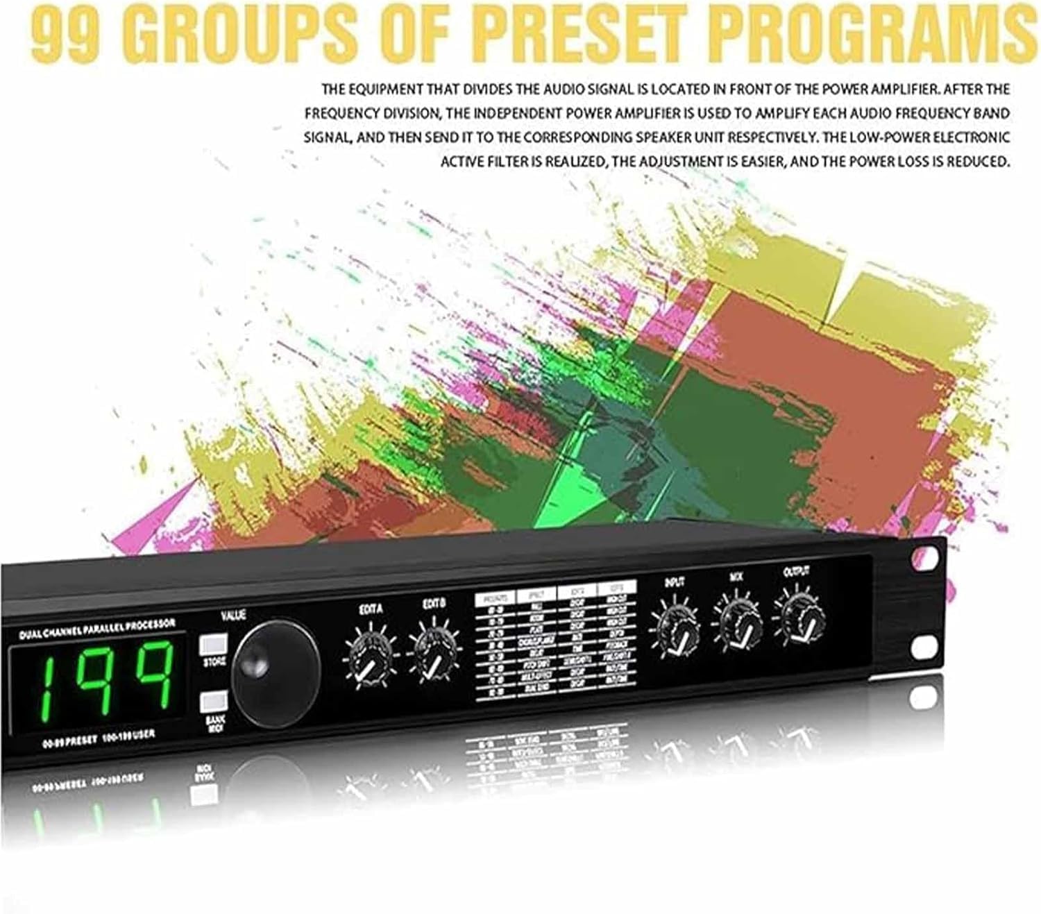 Digital Reverb Multi Effect DSP Processor, Professional Audio Processor Equalizer, Preset/Programmable 24 Bit Signal Processing, 99 Preset Programs, for Studio, Stage Performance.