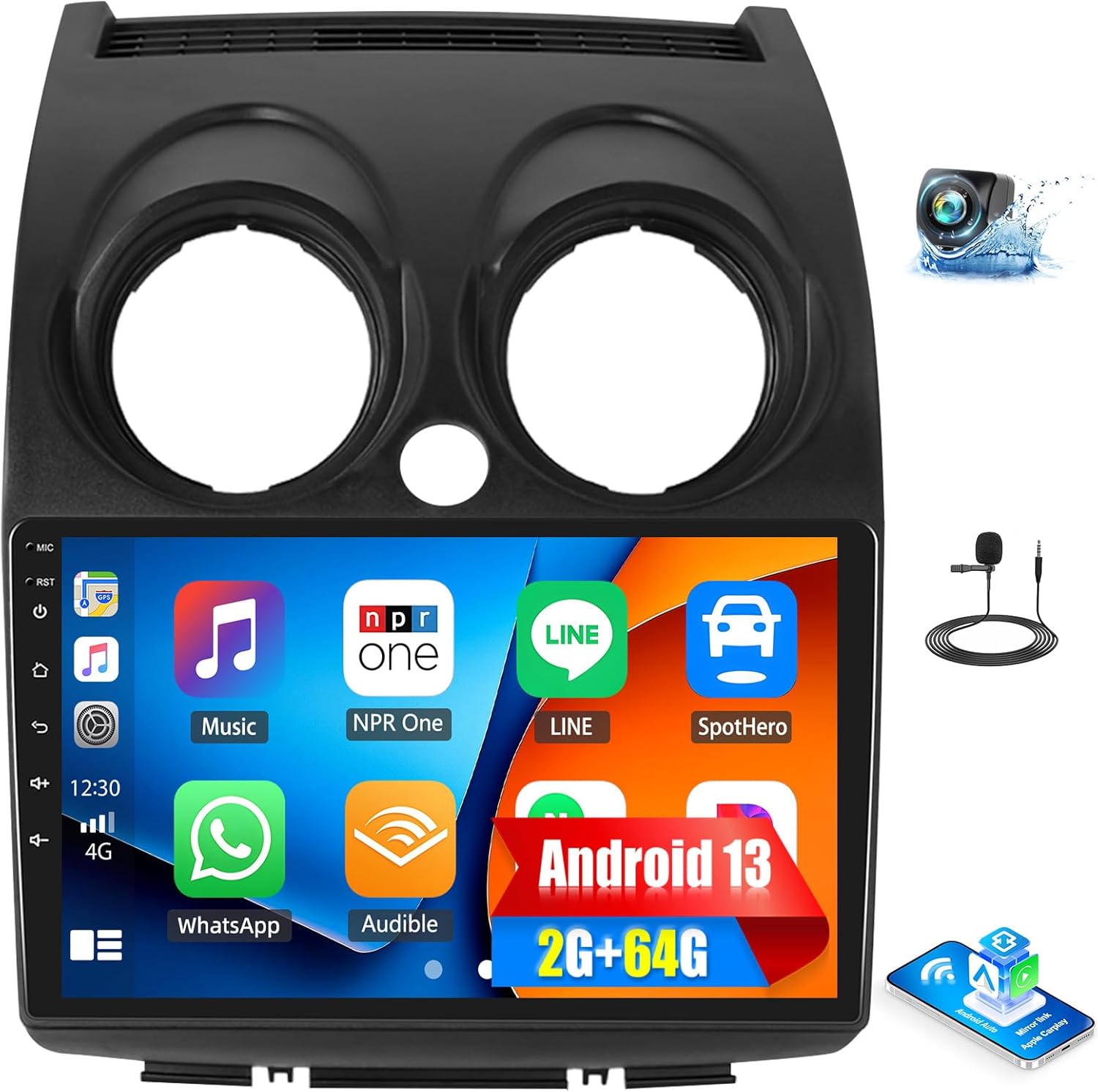 Android Car Stereo for Nissan Rogue 2007-2015 with Wireless CarPlay Android Auto Mirror Link 2G+64G 9 Inch Touchscreen Bluetooth GPS Navigation WiFi FM Backup Camera MIC