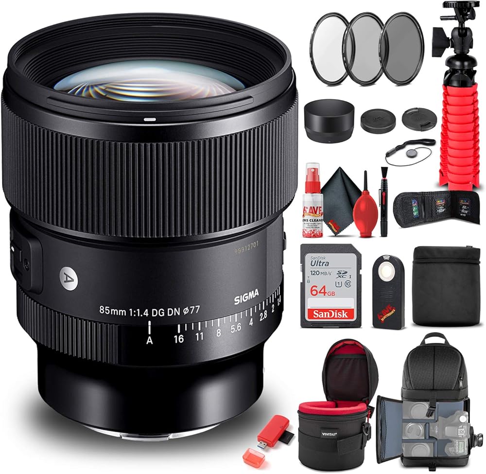 Sigma 85mm f/1.4 DG DN Art Lens for SonyE (322965) Bundle + Backpack + 64GB Card + Lens Case + Card Reader + 3 Piece Filter Kit + Cleaning Set + Flex Tripod + Memory Wallet + IR Remote + Cap Keeper