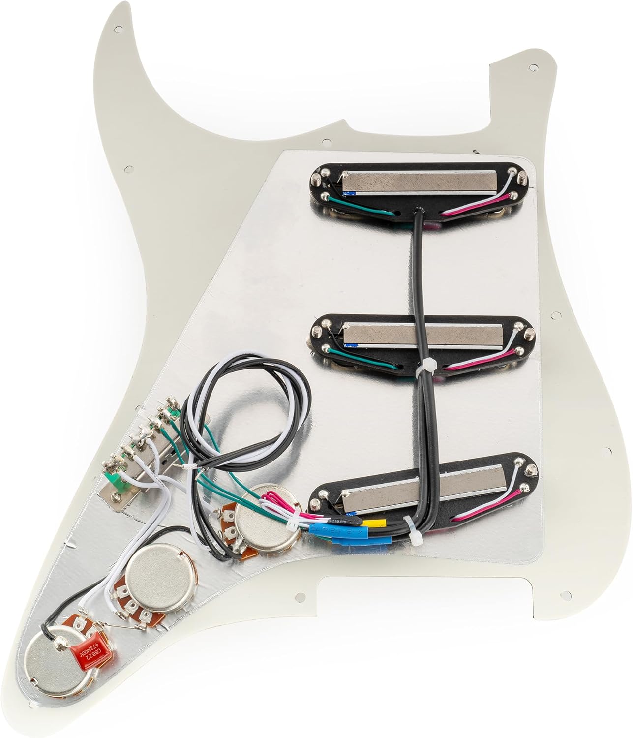 Musiclily Pro-SE ST-DPHA Pre-wired SSS Pickguard with Alnico 5 Mini Rail Humbucker for Strat Style Electric Guitar, 3Ply Aged White
