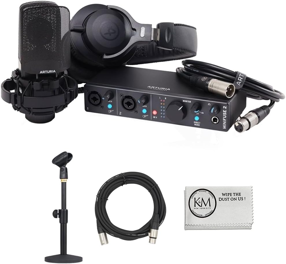 Arturia Minifuse Recording Pack | Black Bundle with 20-Ft XLR Microphone Cable + Microphone Desktop Stand + Microfiber Cleaning Cloth (4 Items)