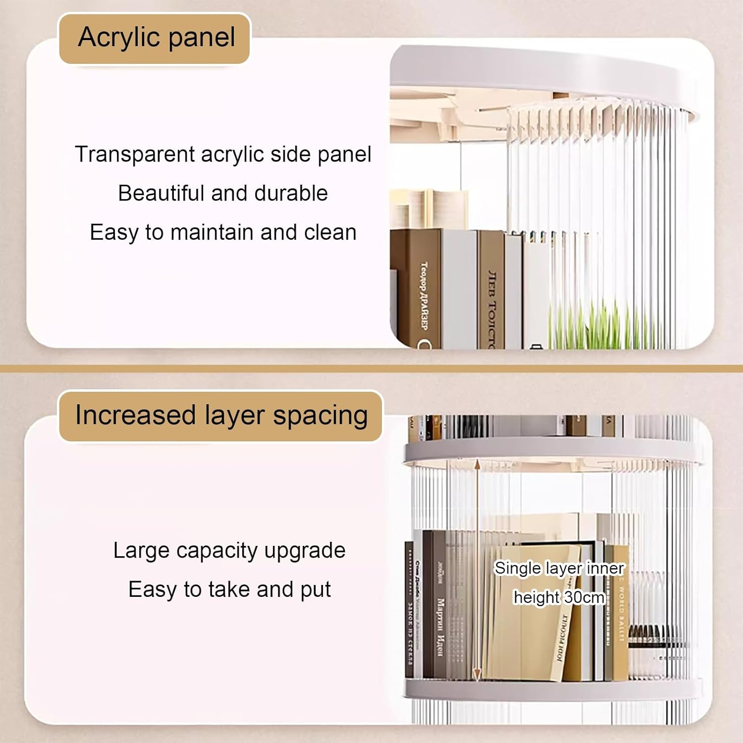 Rotating Bookshelf, Spinning Book Tower Swivel Bookcase, Round Book Shelf, for Small Space Freestanding Corner Bookcase for Playroom Bedroom Living Room(White 2,102cm/40.1in)