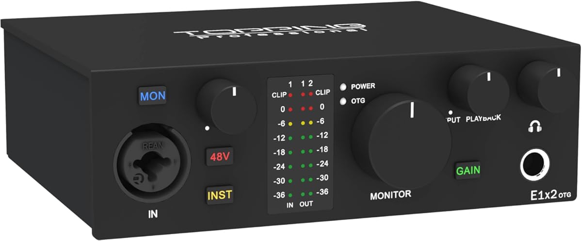 TOPPING E1X2 OTG USB Audio Interface | XLR Mic Preamp, 48V Phantom Power, 24bit/192kHz, 8 DAW/6 Loopback Channels, PC & Mobile Recording, Dual Livestream, Zero-Latency Mixer, High-Res Playback(Black)