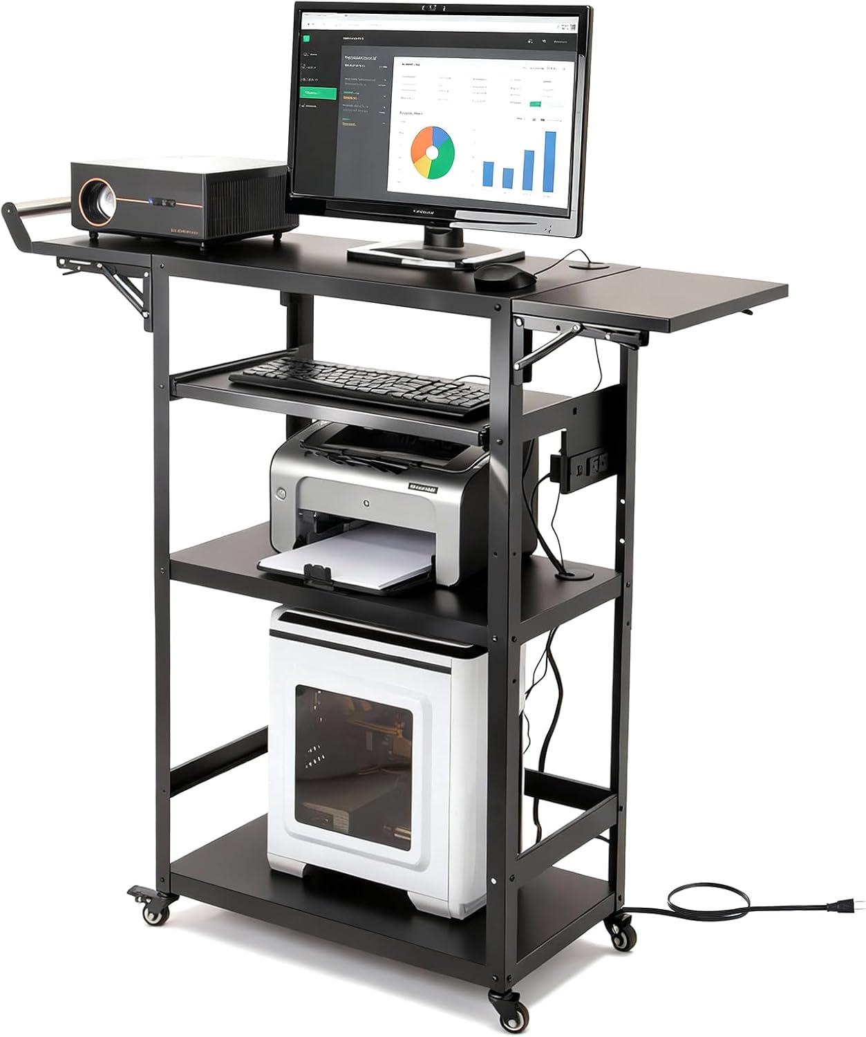 All-Steel AV Cart with Wheels and Power, Height Adjustable Media Workstation with Drop-Leaf Shelves for Projectors, Laptops & Printers, Heavy Duty Presentation Cart with Pull-Out Keyboard Tray