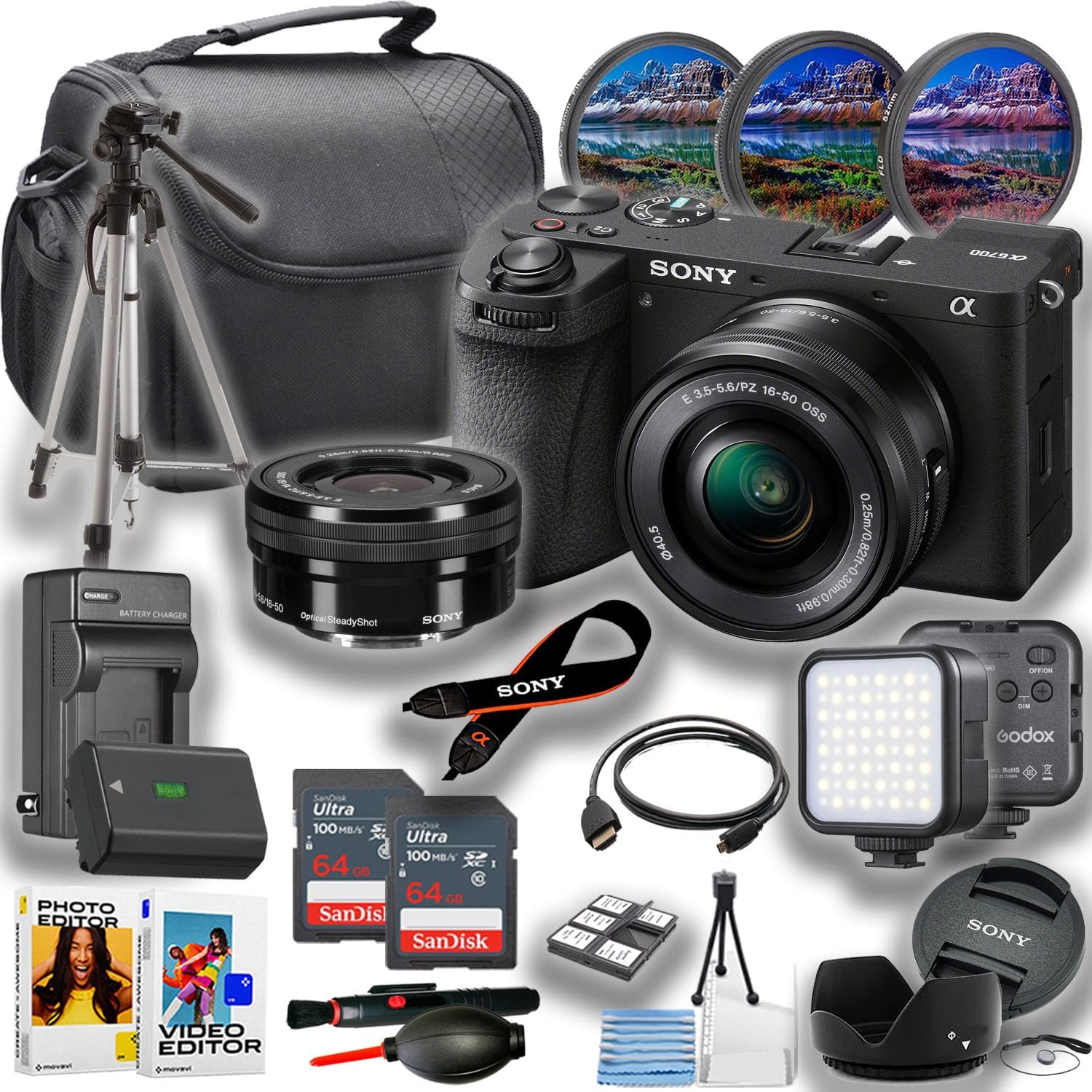 Sony A6700 Mirrorless Camera with 16-50mm Lens (Black) Vlogging/Video Creator Bundle with Portable LED Light, 2pc 64Gb Memory Card, Cleaning Kit + Accessories (18pc Bundle) (Renewed)