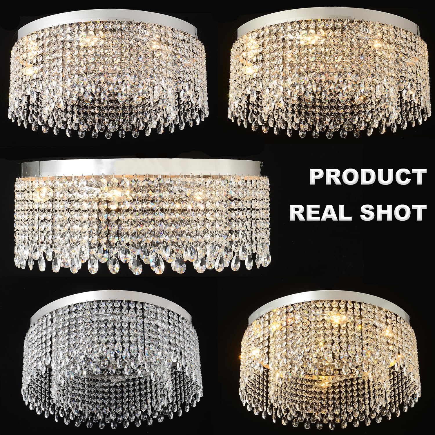 Modern Crystal Ceiling Light Chandelier 31.5in Raindrop Crystal Chandelier Large Flush Mount Light Fixtures for Living Room Dining Room Bedroom Chrome