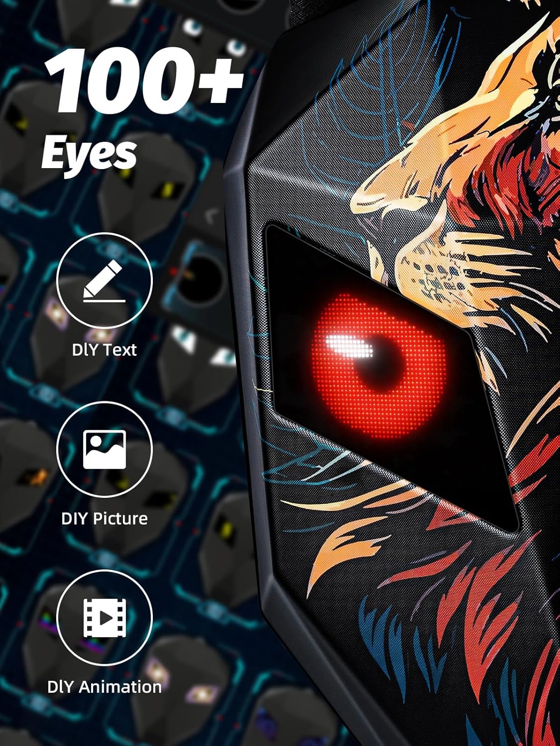 Gelrova Lion Knight Serise LED Backpack 19inch, LED Rider Backpack for Motorcycle Helmet, Outdoor Fashion Backpack with Eyes