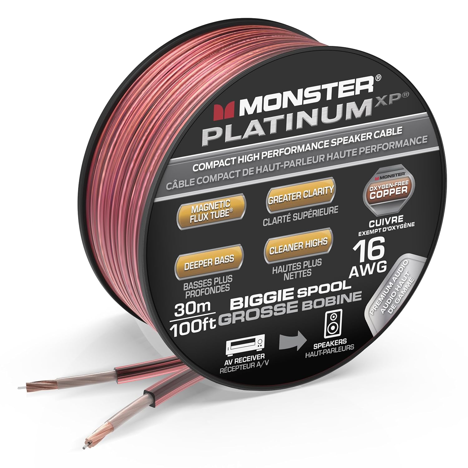 Monster 16 AWG Speaker Wire: Advanced Performance XP Speaker Cable 100 FT Spool with Oxygen Free Copper (OFC) Audio Wire Construction - Easy to Strip & Install Speaker Cables