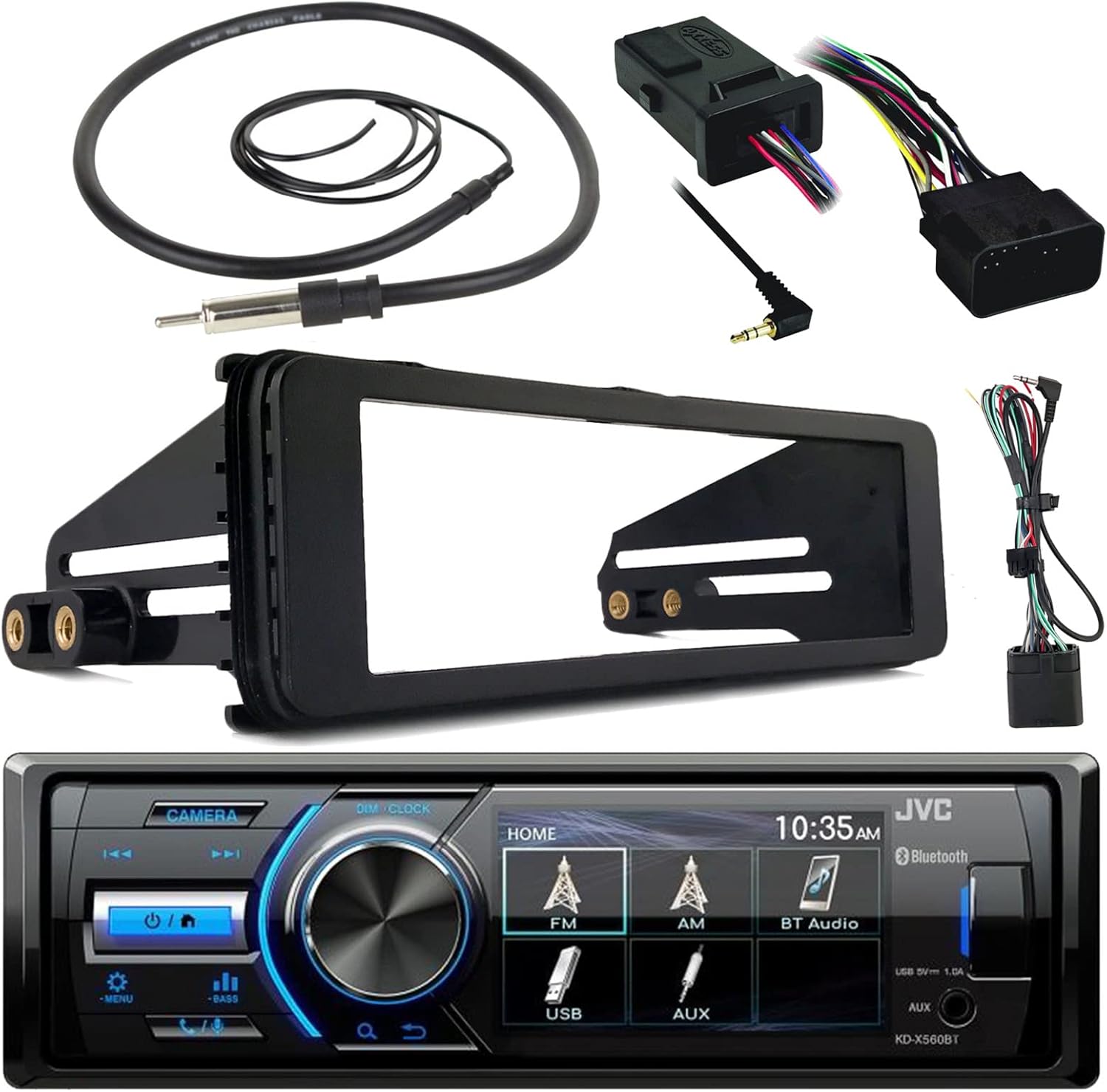 Marine USB AUX Radio Stereo Receiver for 1998 2013 Harley Davidson Touring FLHT FLHX FLHTC Bundle with Stereo Install Kit, Handle Bar Control Module + Enrock Wire Antenna