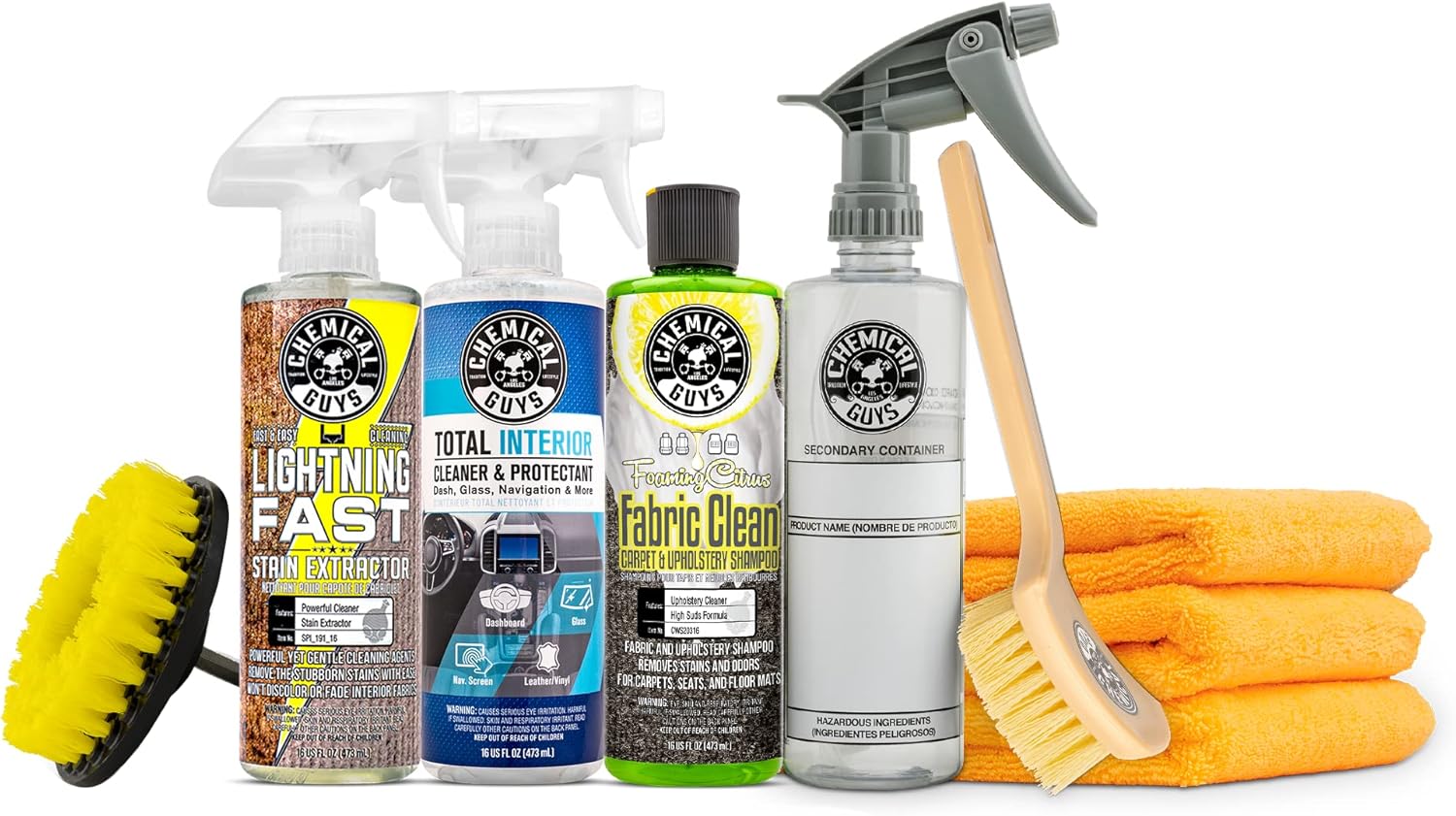 Chemical Guys CWS20316K9 Foaming Citrus Fabric Clean Carpet & Upholstery Carpet Cleaning & Interior Cleaning Kit (9 Piece Kit with Total Interior SPI22016 & Lightning Fast Stain Extractor SPI_191_16)