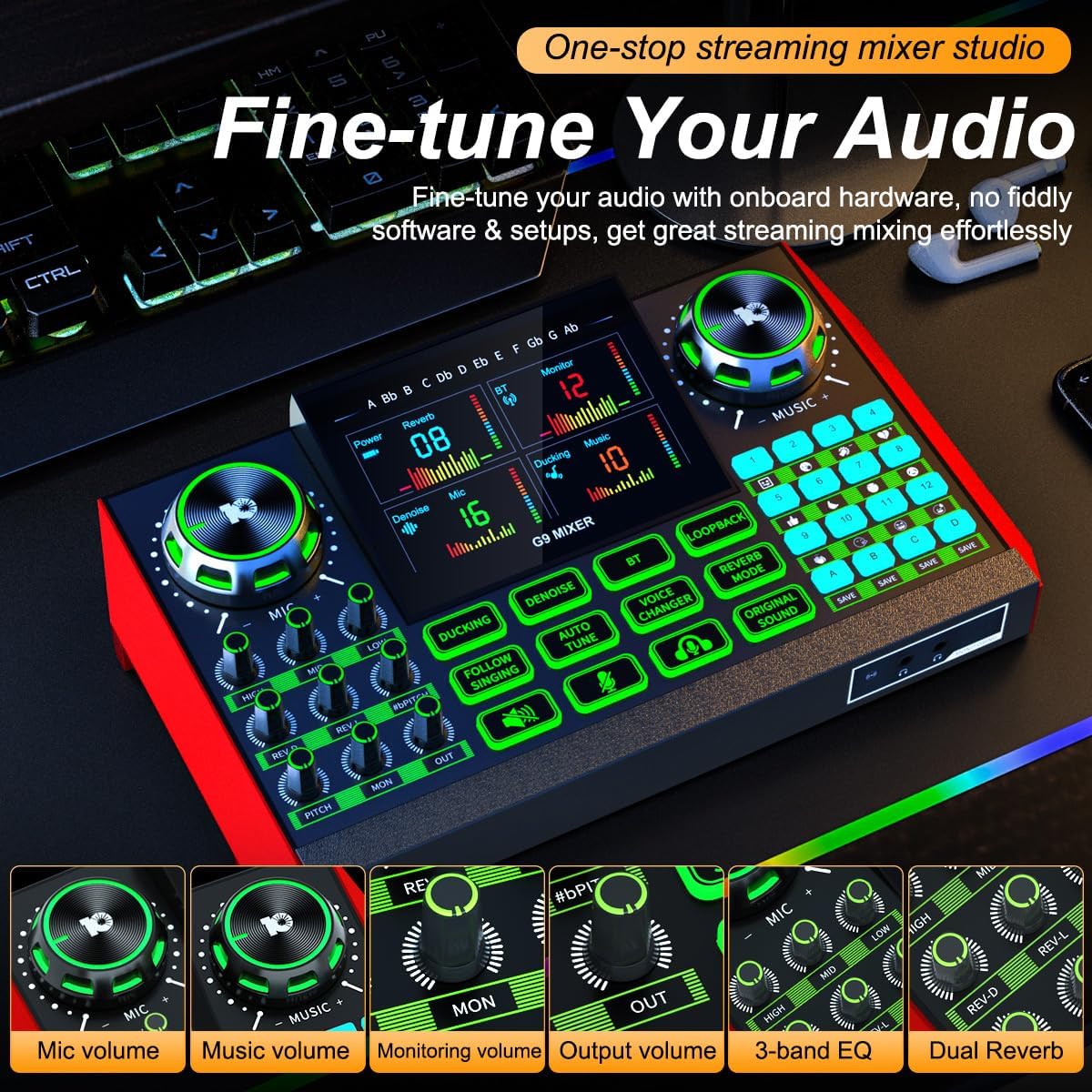 Tenlamp G9 Live Sound Card — Game audio mixer with built-in audio interface, compatible with smartphones and computers. Soundboard designed for live streaming and content creation.