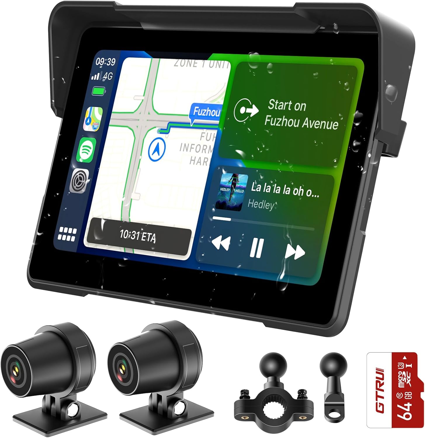 7 Inch Portable CarPlay for Motorcycle, Waterproof Touchscreen Wireless Car Play Android Auto Screen GPS Navigation for Motorbike, Siri Voice Control Dual Bluetooth TF-64G (M570 w/Cameras)