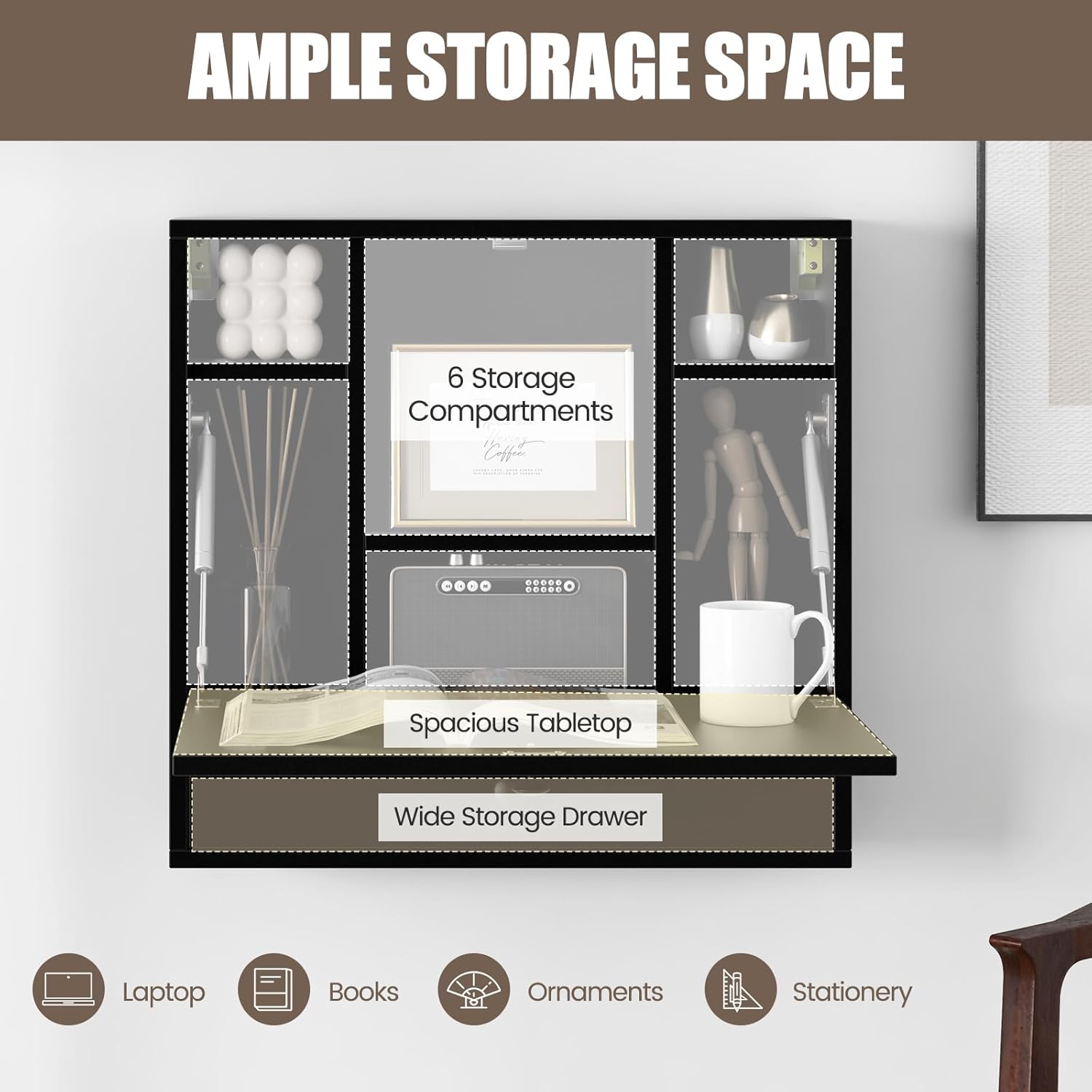 Folding Wall Desk, Wood Wall Mounted Desk with Storage Drawer and Shelves, Fold Down Wall Mount Laptop Desk, Corner Floating Desk for Small Spaces (Black)