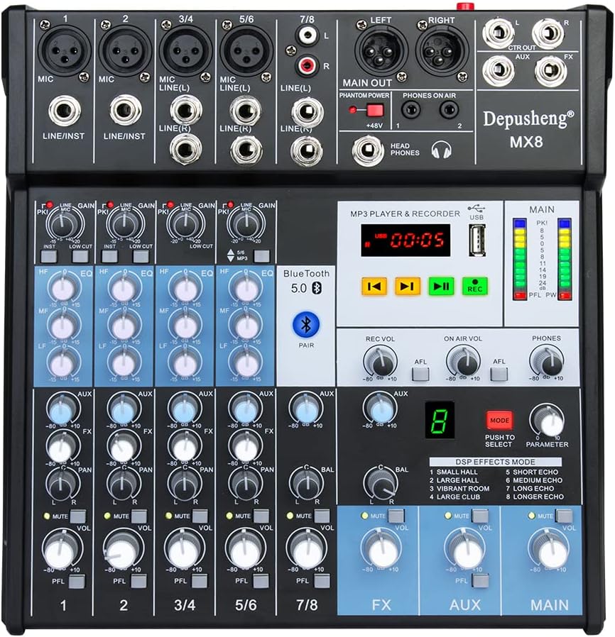 Professional Audio Mixer Sound Board Console 8-Channel DJ Controller Sound Mixer w/ 8-DSP EFFECT, USB Recording Interface, Bluetooth, 48V Phantom Power, Ideal For Live Streaming Depusheng MX8