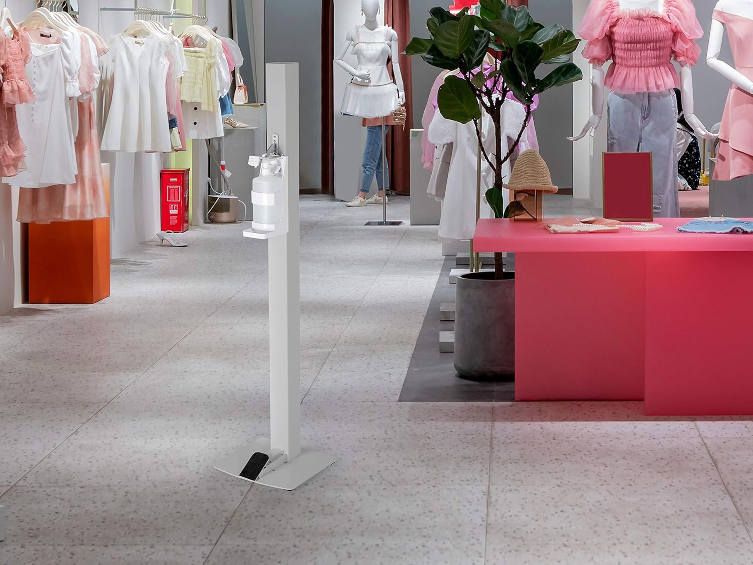 M&T Displays Basic Hand Sanitizer Dispenser Station Gray Handsfree Touchless Foot Operated Refillable 1000 mL. (33.8 oz.) for Liquid/Lotion Soap Sanitizing Products Floor Standing Commercial