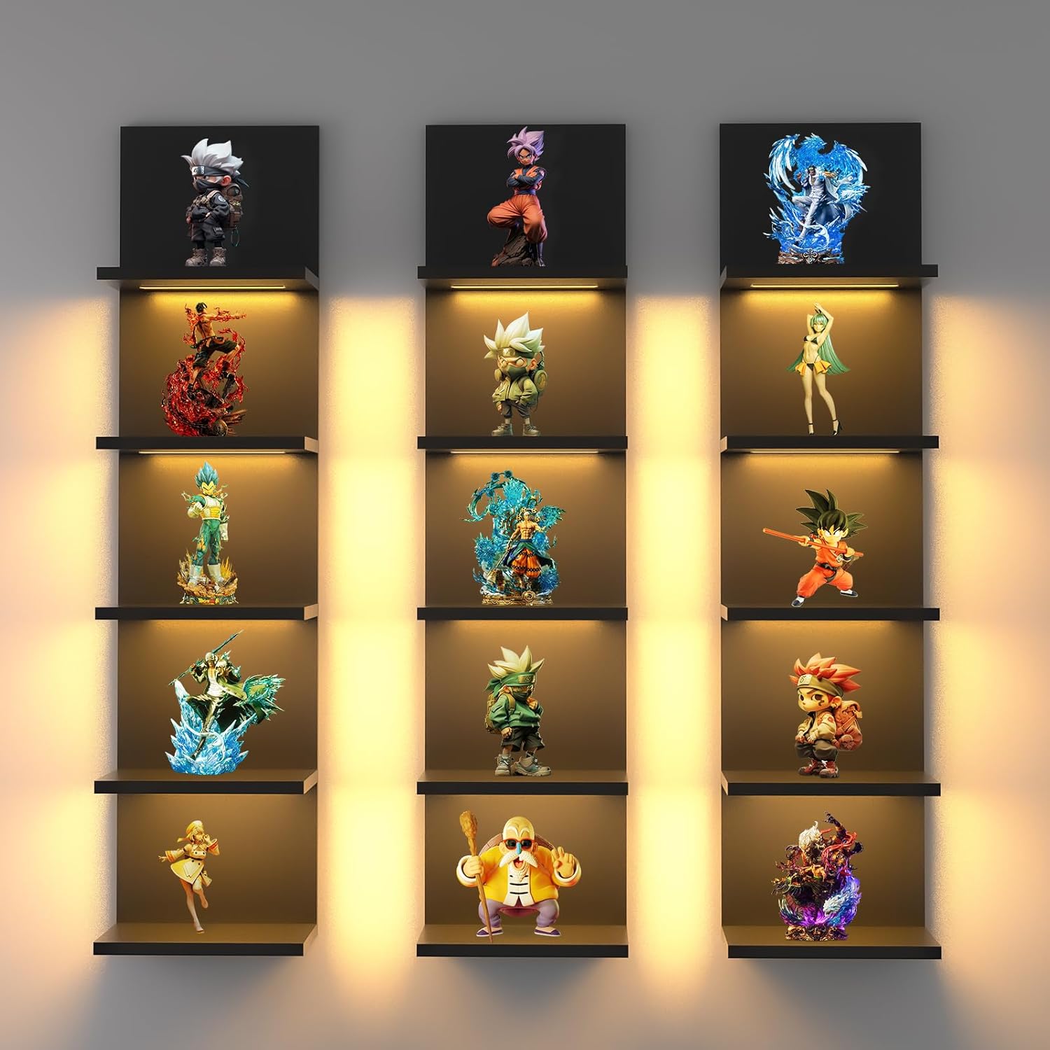 Homaterial 5 Tier Wall Shelf Unit, Black Modern Vertical Lack Wall Shelves with Light, Wall Mount, Floating Column Home Decor Shelves for Bedroom, Living Room, Vanity Storage Display