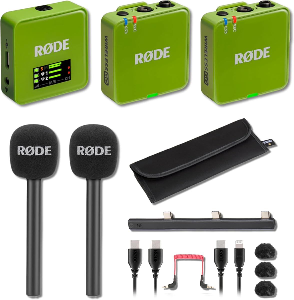 Rode Wireless GO (Gen 3) Compact Wireless Microphone System (Green) with 2X Interview GO Handheld Adapters