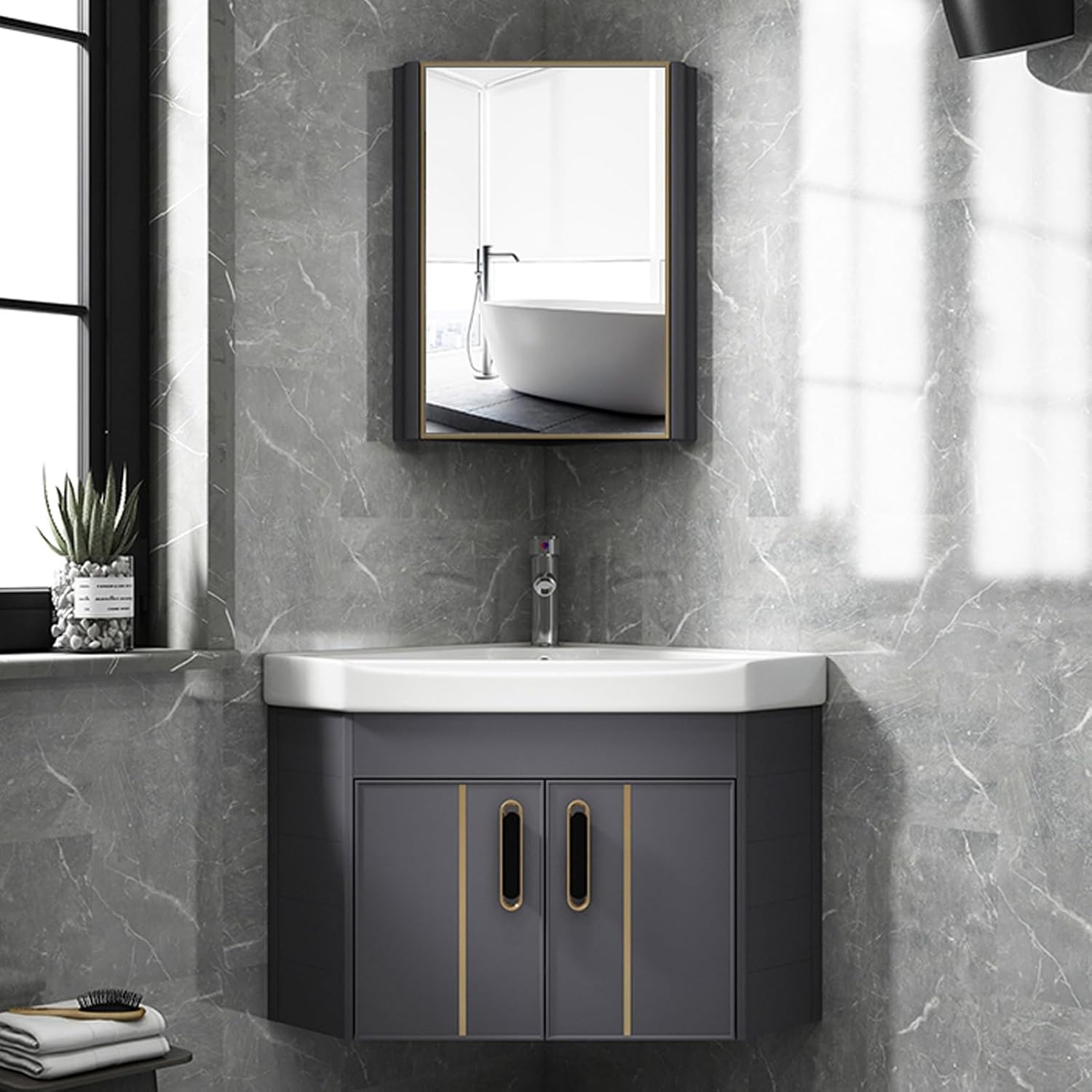 Corner Wall Mount Bathroom Sink, Bathroom Sink Cabinets, Corner Bathroom Vanity Sink, Ceramic Corner Sink with Storage Container and Mirror Cabinet, Space Aluminum Material(Gray,48cm/18.9in)