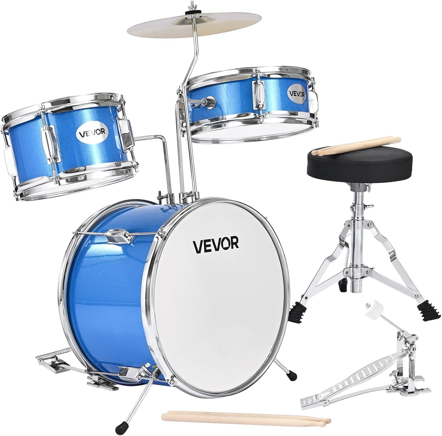 VEVOR Kids Drum Set, 3-Piece 14 in Junior Drum Sets, Beginner Drums Set with Adjustable Throne, Cymbal & 4pcs Drumsticks, Musical Learning Drums Instruments Kit, for Children Ages 6-13, Sky Blue