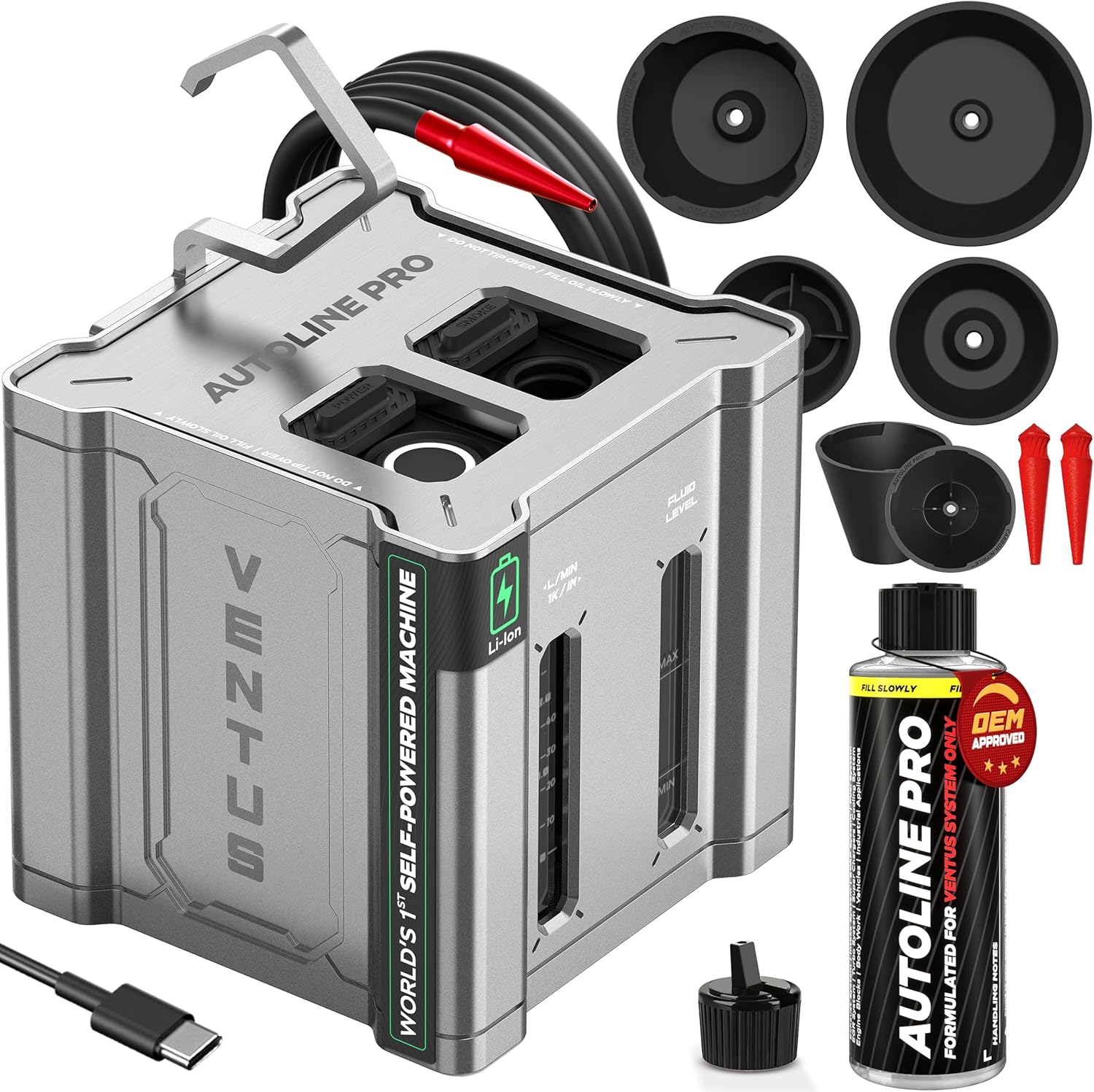 AutoLine Pro Automotive Ventus Smoke Machine Leak Tester EVAP Vacuum - World's #1 Self-Powered Li-Ion Battery Unit - OEM Odorless Fluid Lasts 500 Tests - Built-in Air Compressor - Cone Cap Plugs