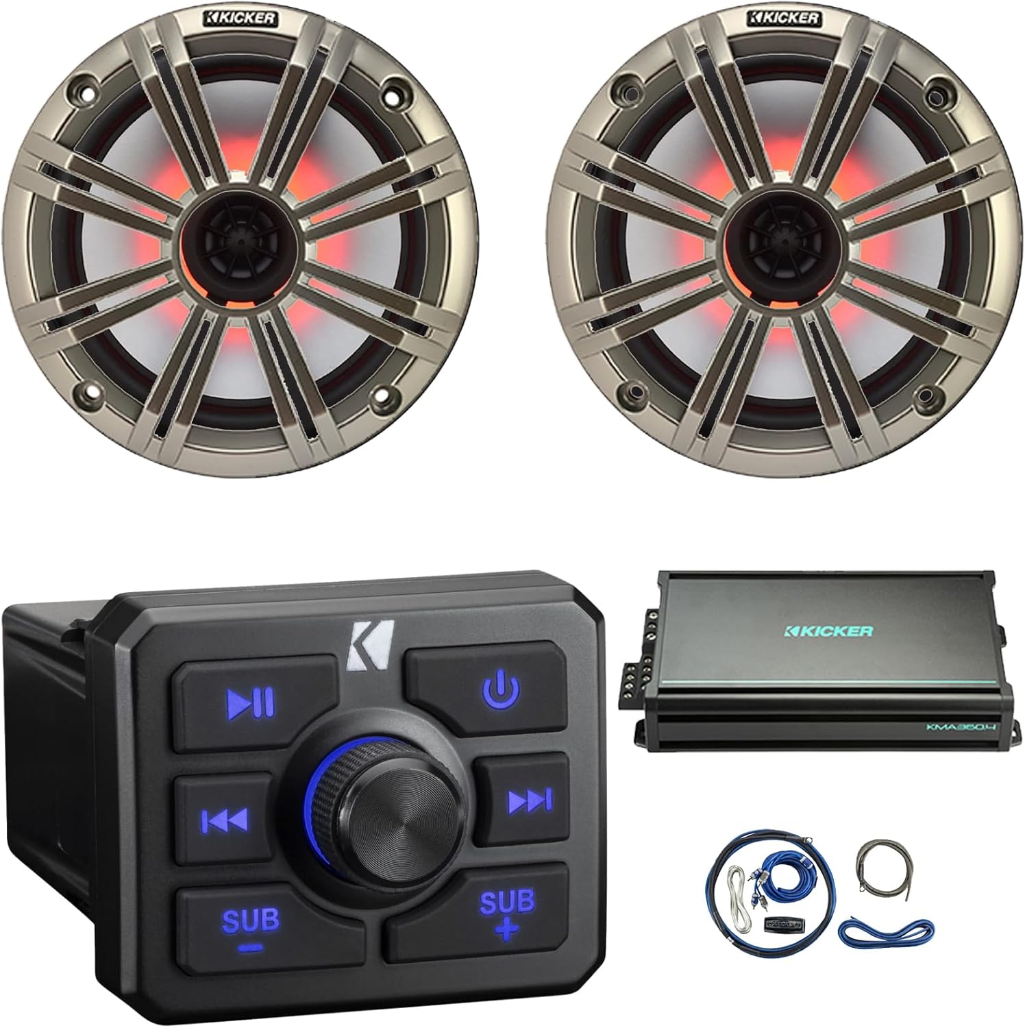 KICKER 51KBTR Marine Bluetooth Powersport USB/AUX Sub RCA Outputs Receiver, 2X 6.5 195W Max 4 Ohm RGB LED Coaxial Speakers W/Grille, 4-Channel Weather-Resistant Full-Range Amplifier W/Kit (Silver)
