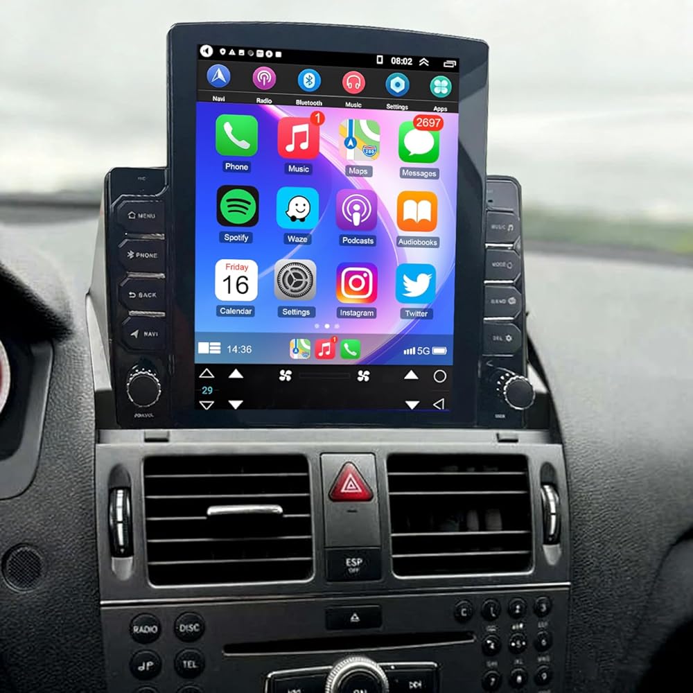 Car Stereo Radio Compatible for W204 S204 C300 2007-2010 with Carplay Android Auto GPS Navigation 9.7in Touchscreen Car Radio Player with Bluetooth WiFi SWC Mirror Link Split Screen + Backup Camera