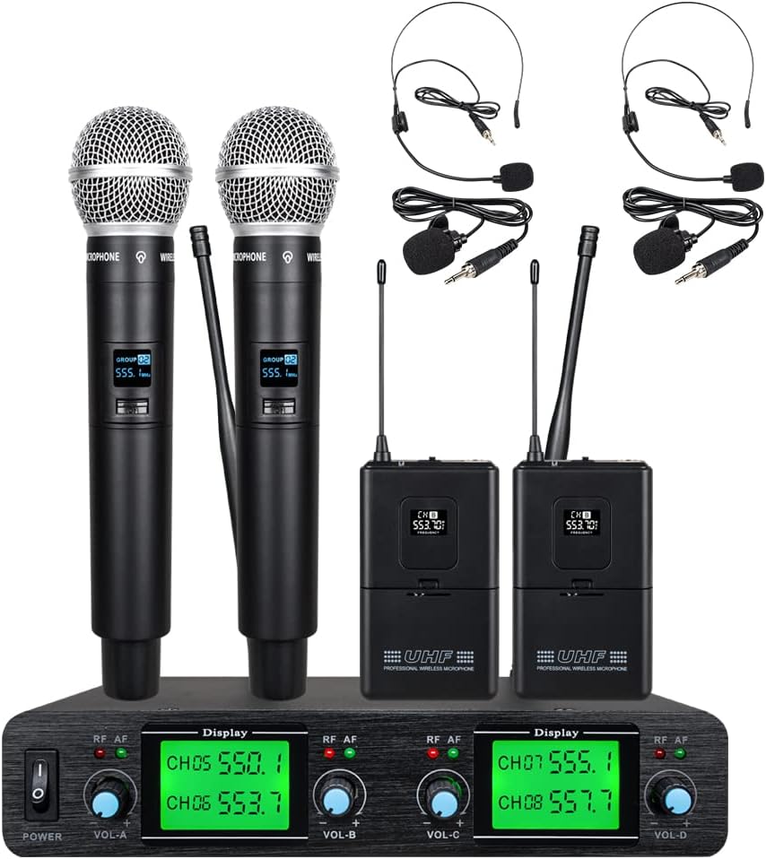 Wireless Microphone System UHF 4 Channel 2 Handheld Whole Mic 2 Lavavier Lapel Mic Bodypack 2 Headset LCD Display Frequency A Karaoke for School Party Wedding Church Conference Speech DJ Singing