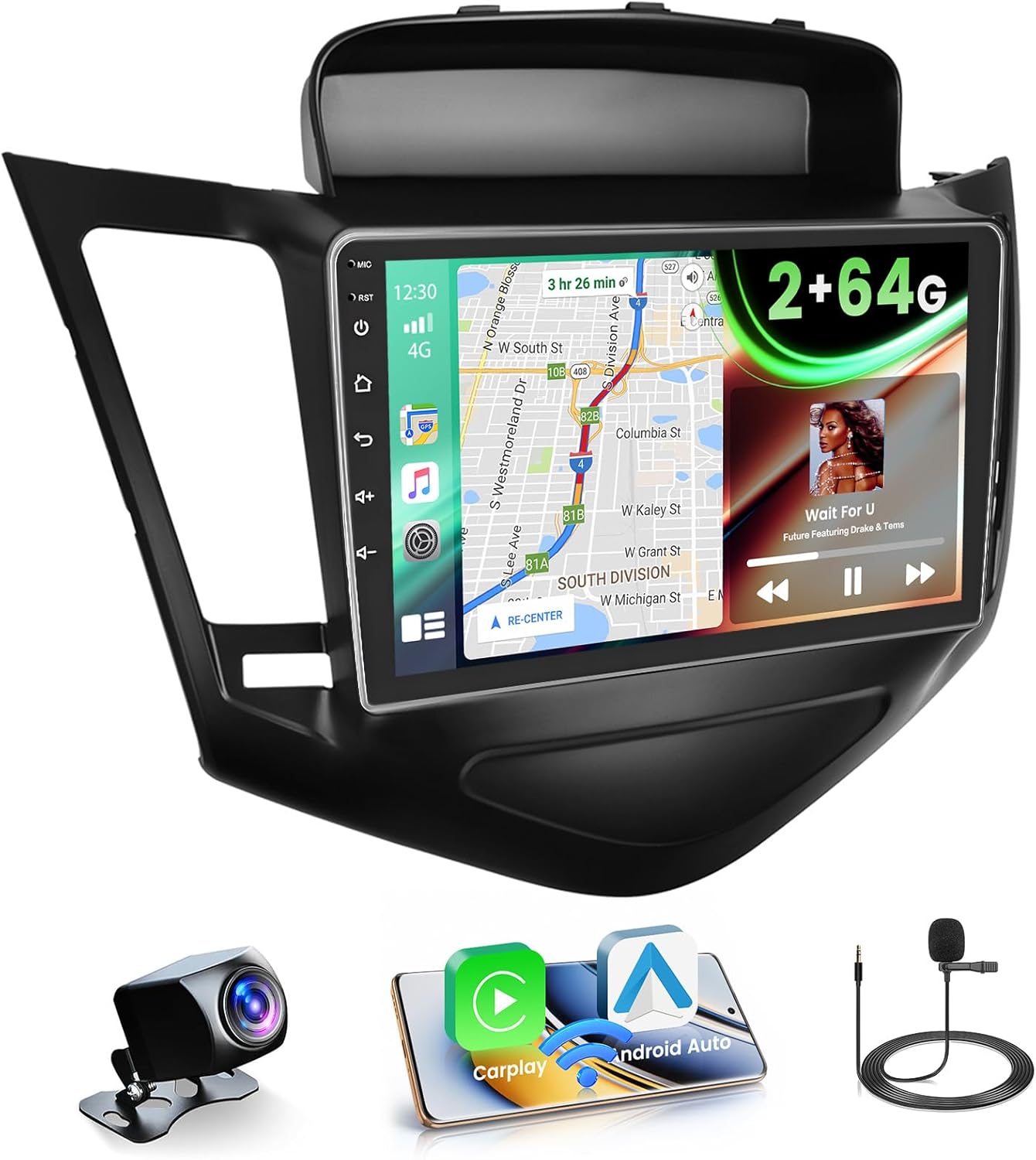 【2+64GB】 for Chevy Cruze 2009-2015 Android Car Stereo with Wireless Carplay Android Auto, 9'' Touch Screen Car Radio GPS WiFi, Bluetooth SWC Mic Backup Camera Mirror Link
