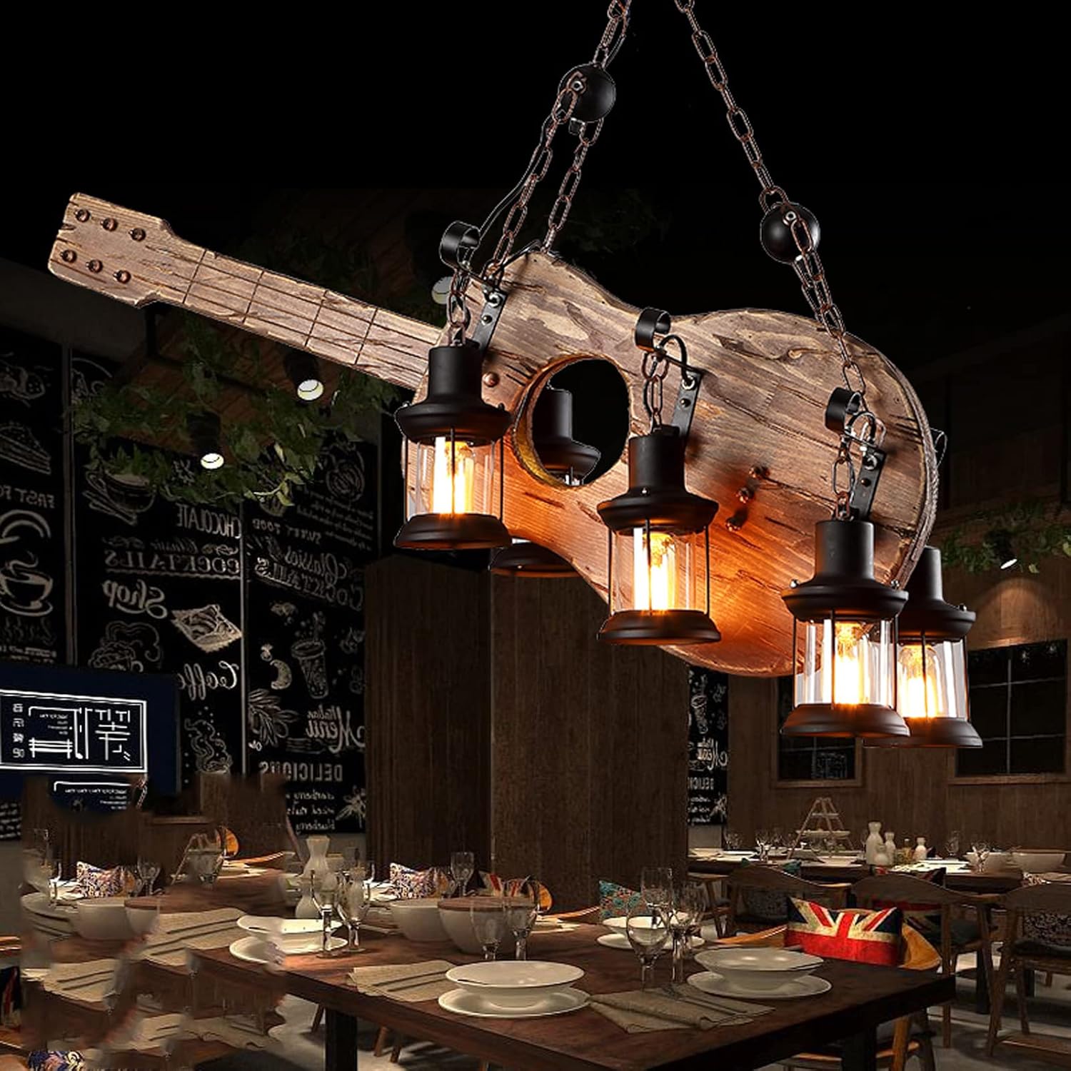 Guitar Wood Droplight,6 Lights Bass Industrial Retro Chaner, Children's Lamp with Spotlight Ceiling Lighting,for Home Office Bedroom Coffee Shop