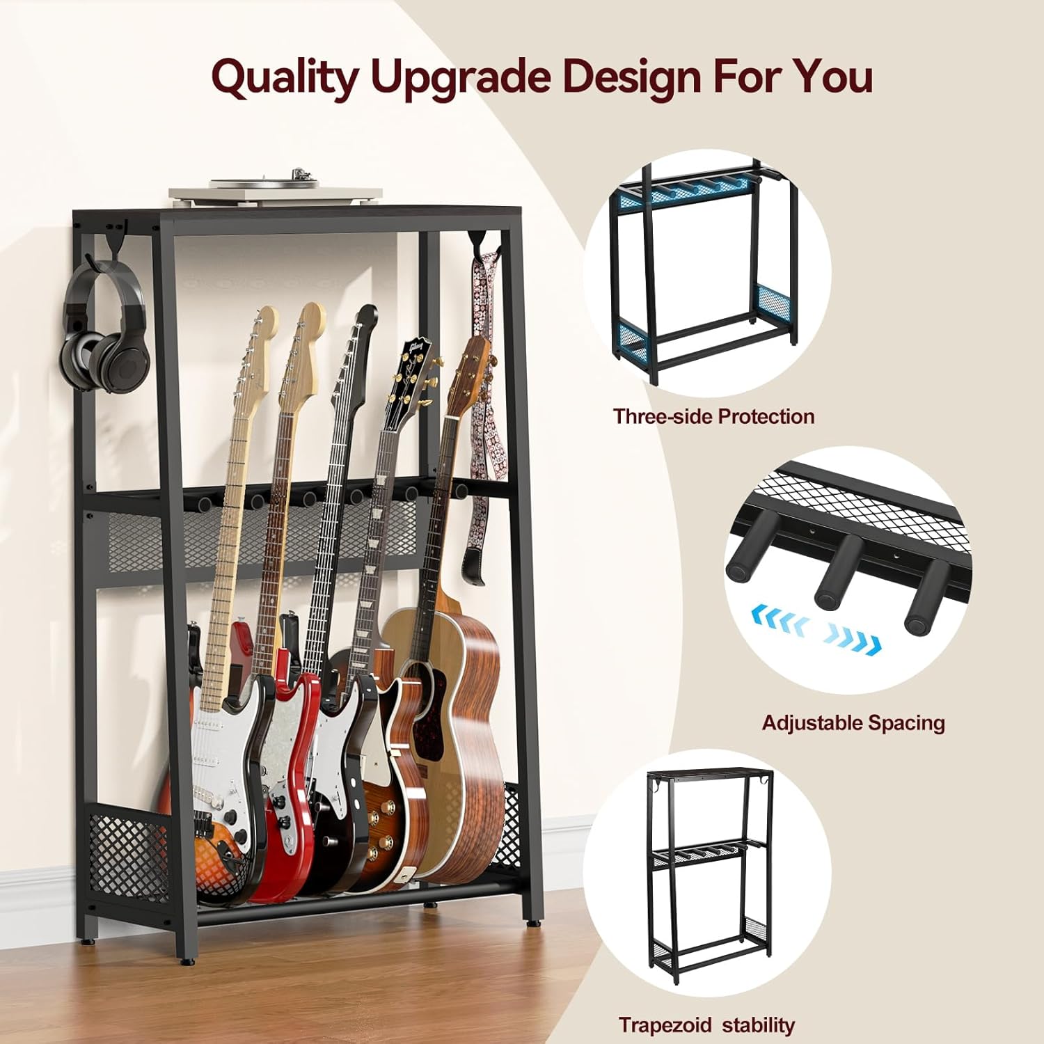 Multiple Guitar Stand with Shelf, Adjustable Heavy-Duty Guitar Rack Floor for Acoustic Guitar, Electric Guitar & Bass, Ultra-Stable for Home Music Studio