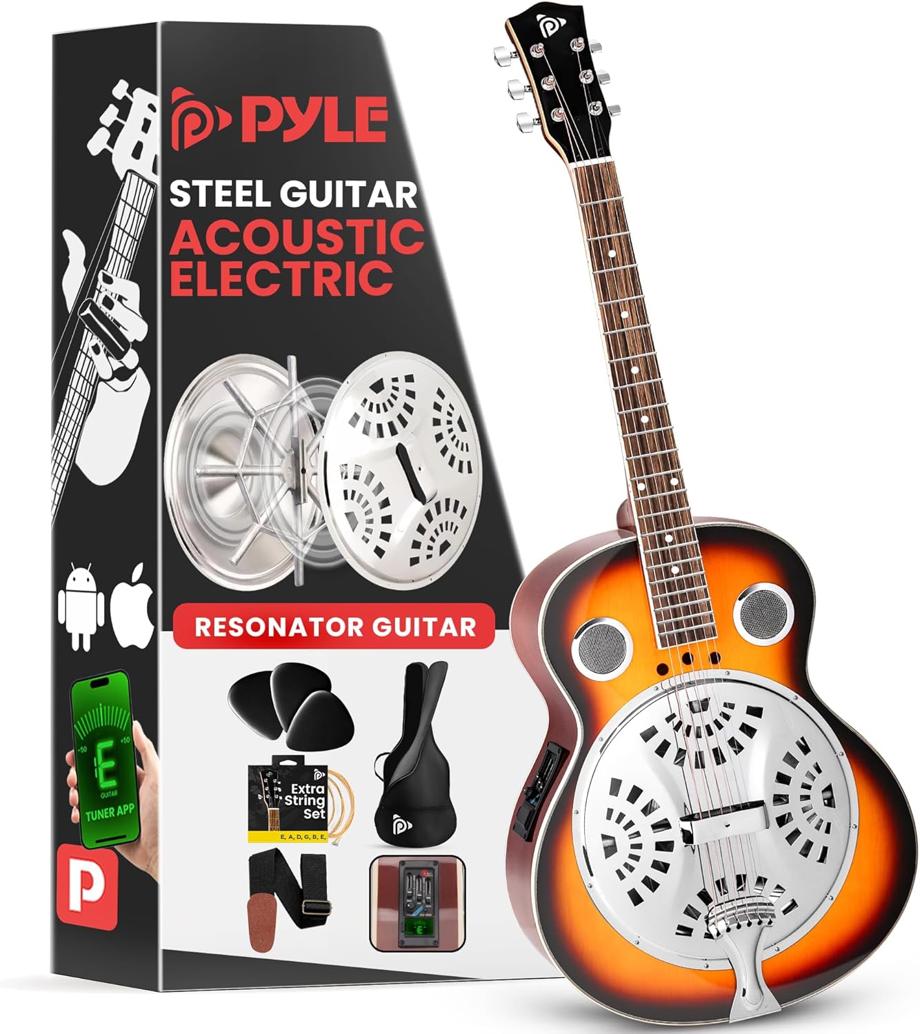 Pyle Electro Resophonic Acoustic Electric Guitar Set, Full Size Round Neck Traditional Resonator, Built-in Pre Amplifier, White