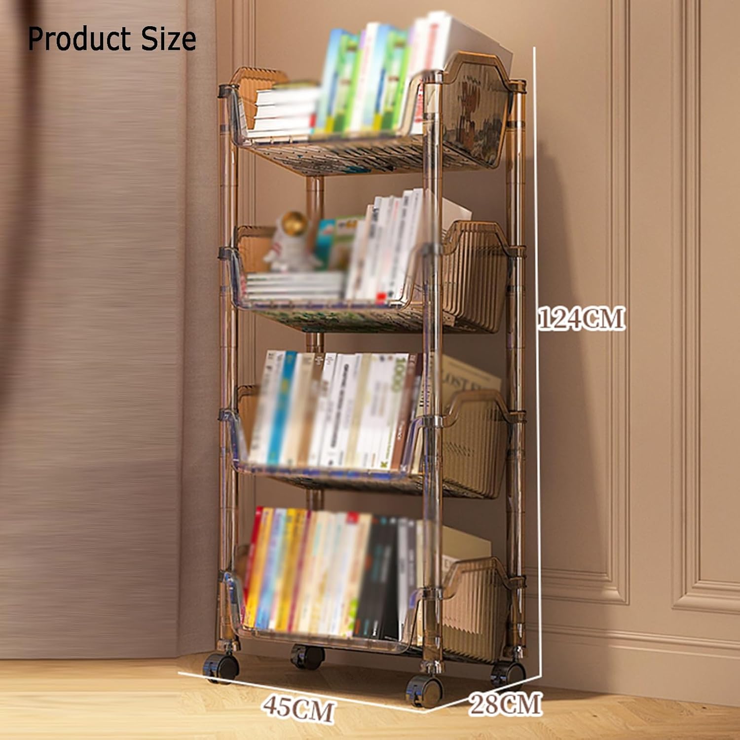 3/4/5 Cube Bookshelf, Multi-Layer Home Desk Side with Wheels, Suitable for Living Room, Study Room, Reading Corner (Transparent Gray)(5tier) ()
