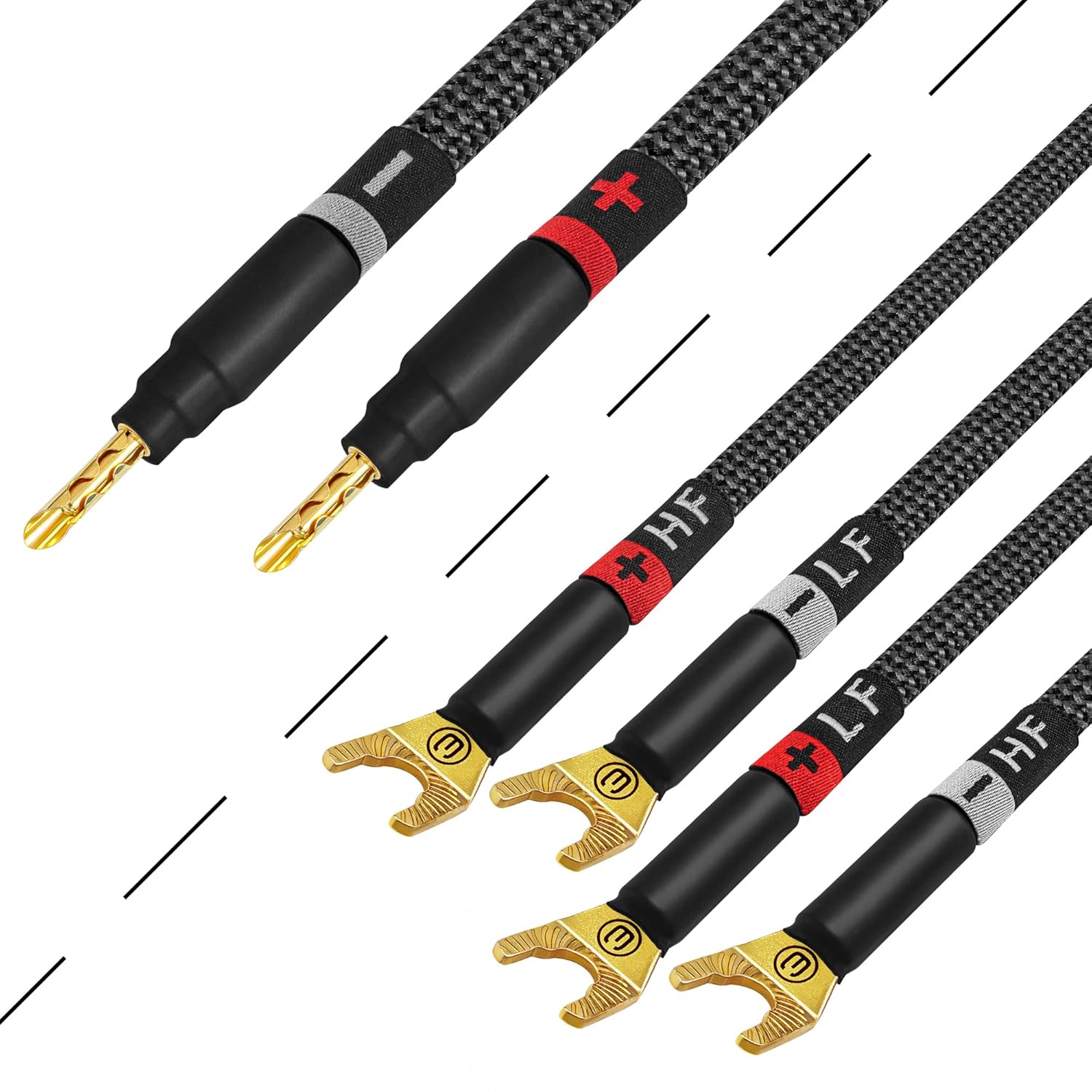 WORLDS BEST CABLES 8 Foot Ultimate - 9 AWG - Ultra-Pure OFC - Premium Audiophile HiFi Bi-Wire Speaker Cable Pair with Eminence Gold Banana (x2) & Spade (x4) Plugs & Carbon Tweed Jacket