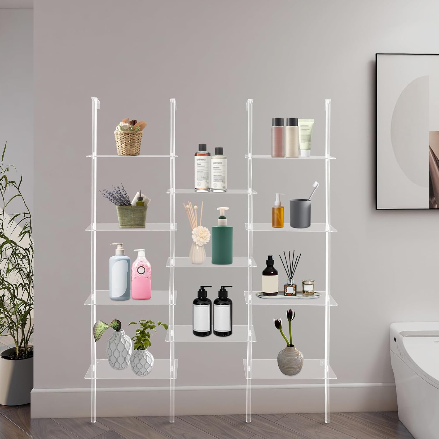 Acrylic Geometric Bookshelf, Clear Modern Bookcase with 22 lbs Capacity per Tier, Wall Mount & Freestanding Display Shelf for Living Room, Bedroom and Office (59.4 inch)