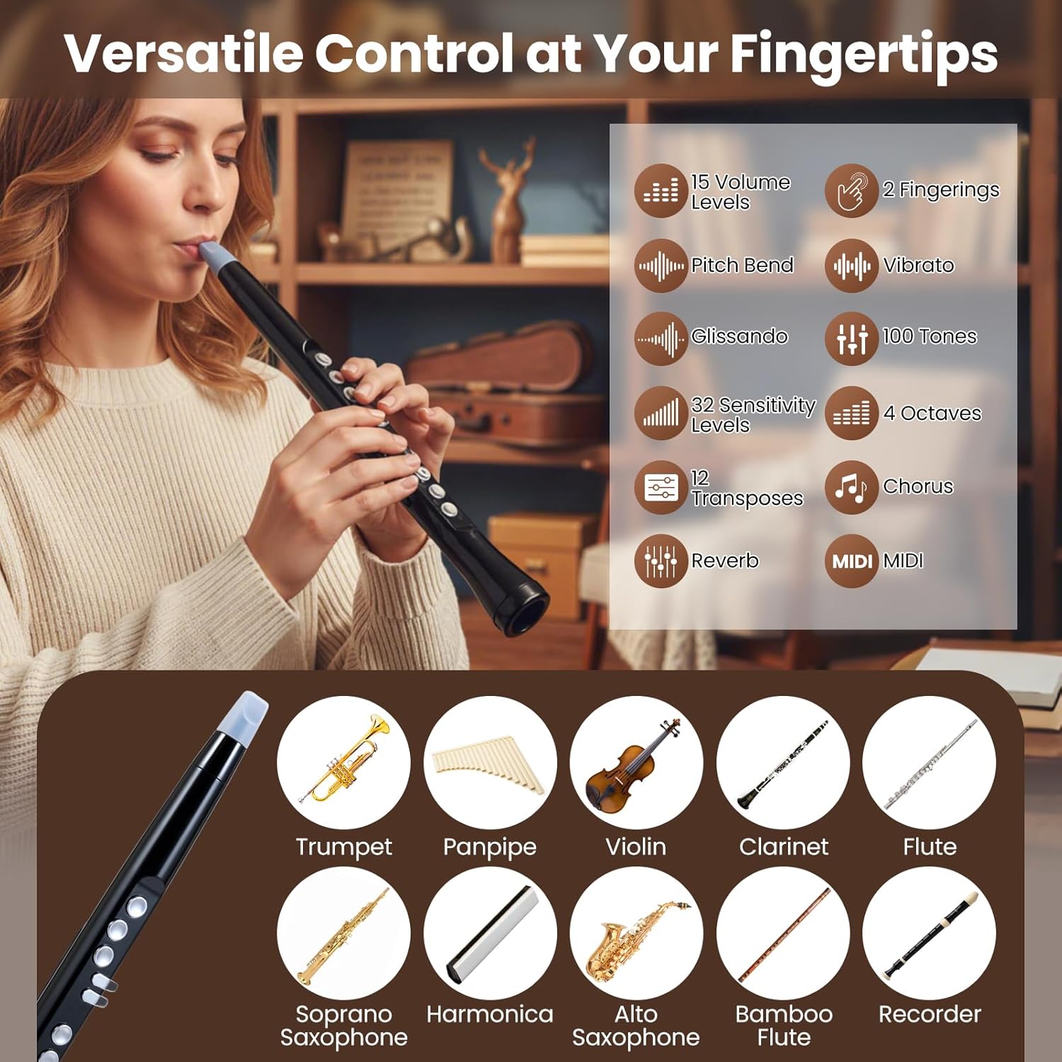 HONEY JOY Electronic Wind Instrument, Portable Electric Digital Saxophone Synthesizer w/MIDI, 100 Tones, 2 Fingering Modes, 4-Octave Range, 2 Mouthpiece, 3W HIFI Speaker, Rechargeable for Beginner