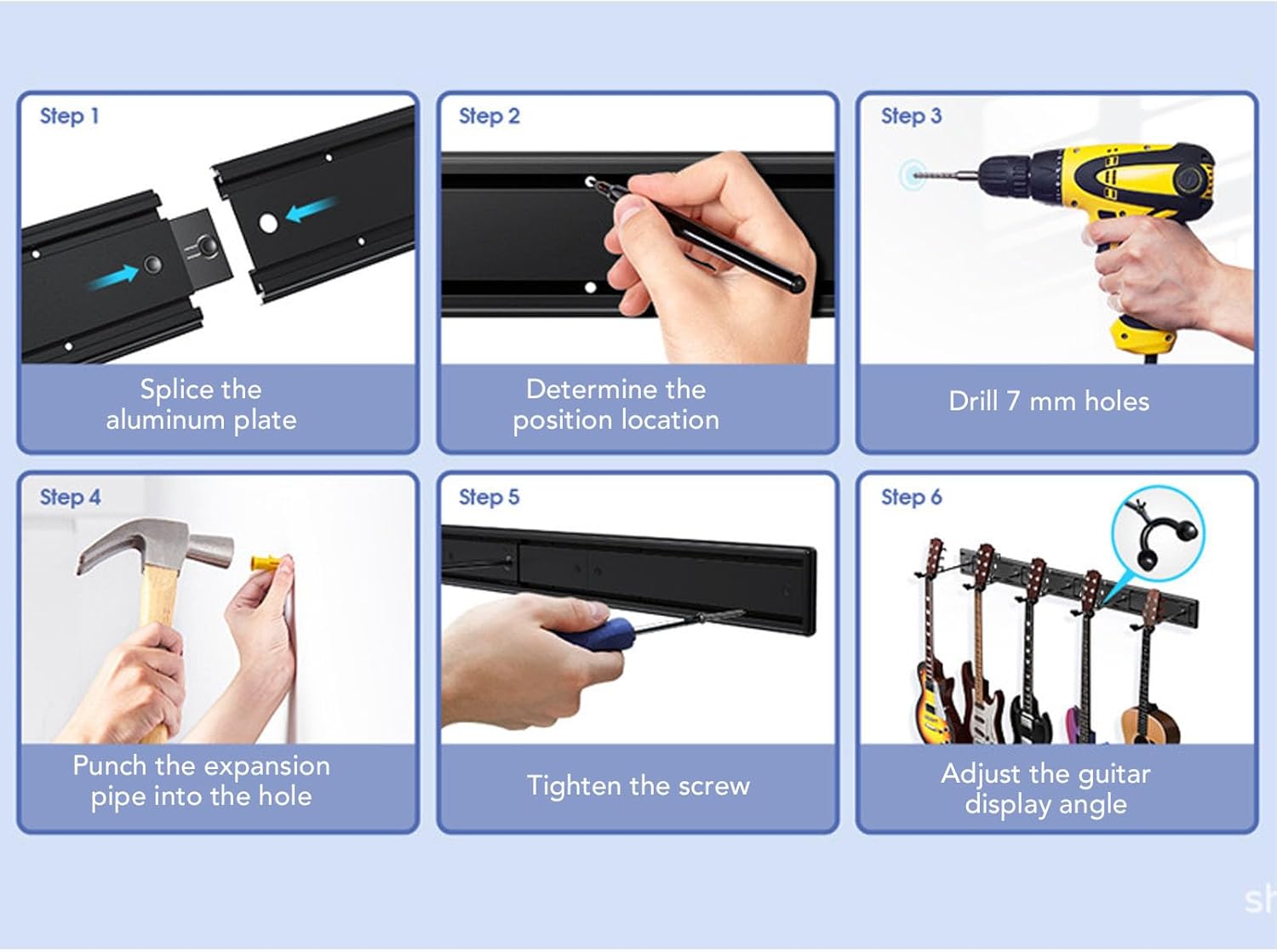 Luqeeg Wall Guitar Organizer, Metal Guitar Rack Musical Instrument Hanger with 5 Adjustable Hooks for Acoustic Electric Guitars Basses, 270 Degree Rotating Adjustment