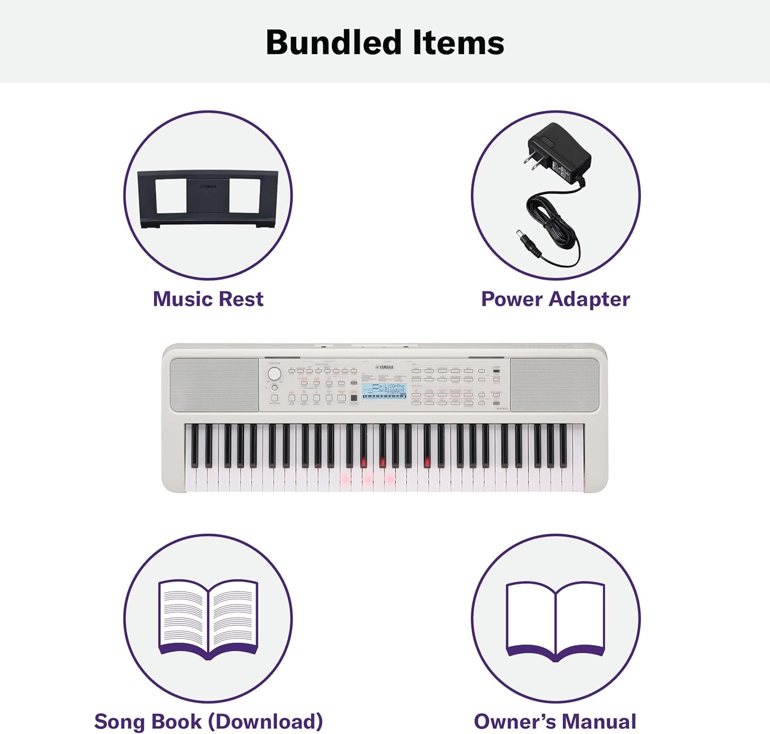 Yamaha 61-Key Portable Keyboard with Lighted Keys for Easy Learning, Music Rest, and Power Adapter EZ310