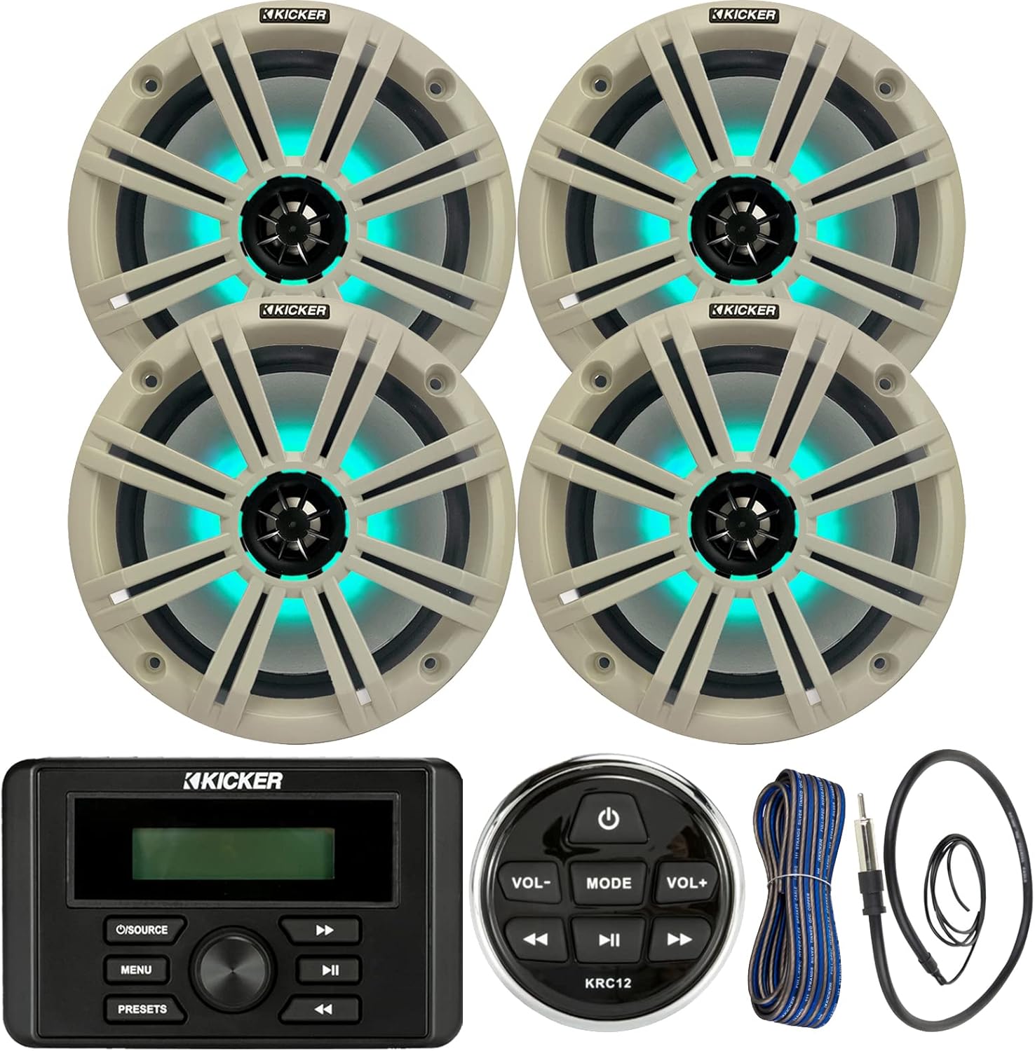 Kicker Weather-Resistant Marine Bluetooth USB RCA Stereo Receiver w/Remote Bundle with (QTY 4) 8