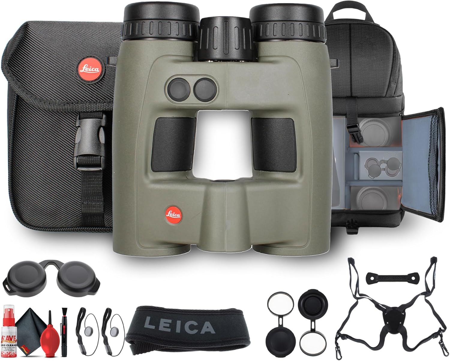 Leica 10x32 Geovid Pro Rangefinder Rugged Binoculars 2024 (Olive Green) (40820) + Sling Backpack + Cleaning Kit + Suspender Harness + 2 x Cap Keeper