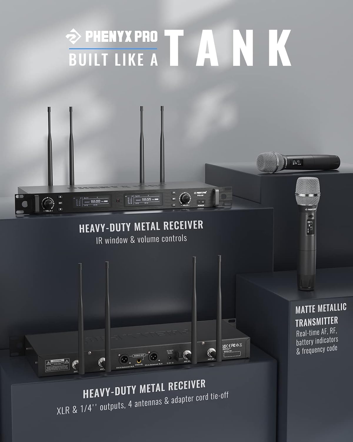 Phenyx Pro Wireless Microphone System, True Diversity Dual Cordless Mic Set, Professional UHF Handheld Wireless Microphones w/Auto Scan, 2x1000 Channels, 328ft for Stage & Studio (PTU-2U-2H)