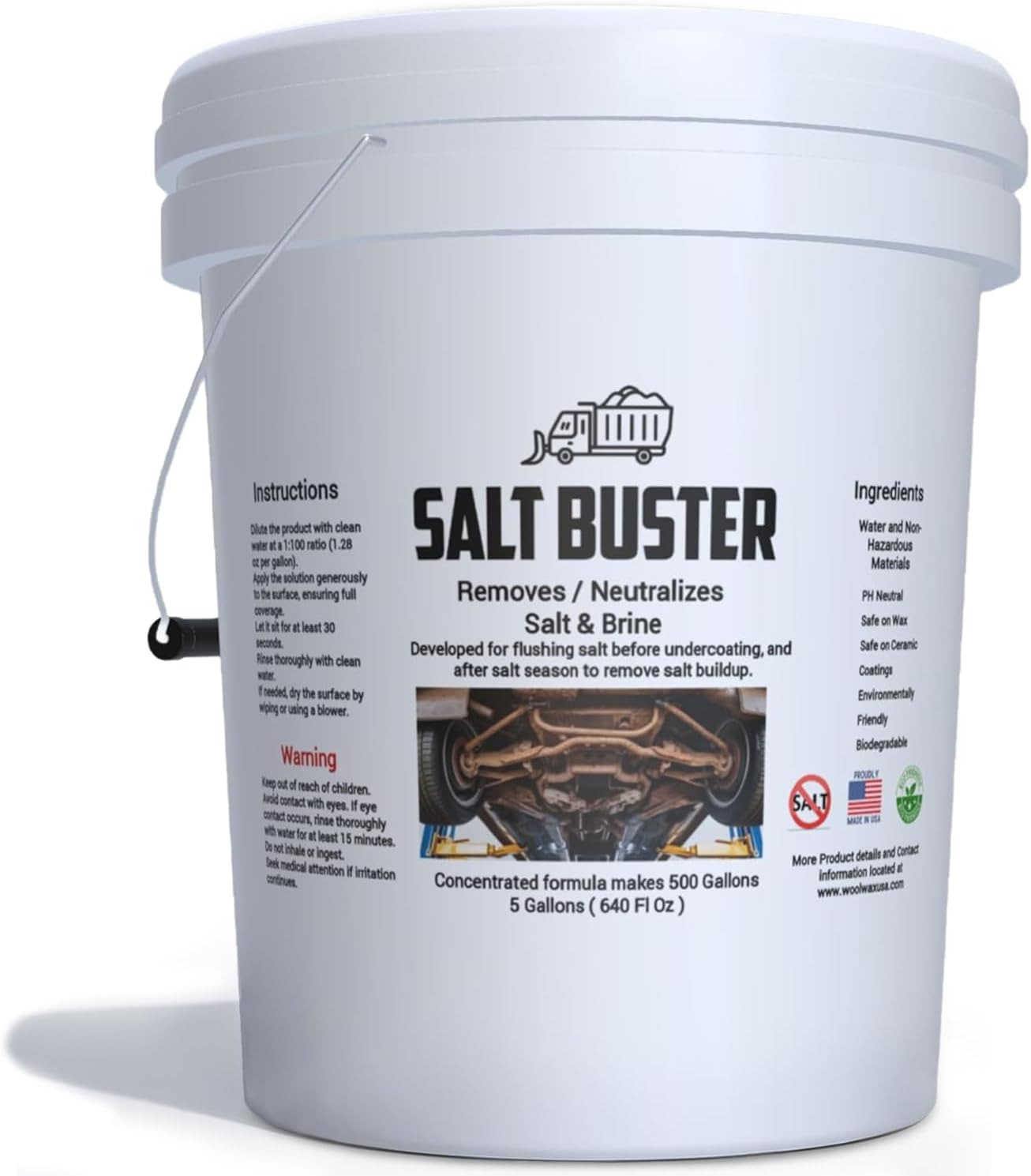woolwax SALTBUSTER Salt & Brine Remover/Neutralizer for Auto & Trucks, PH Neutral Formula, 5 Gallon Concentrate makes 500 Gallons