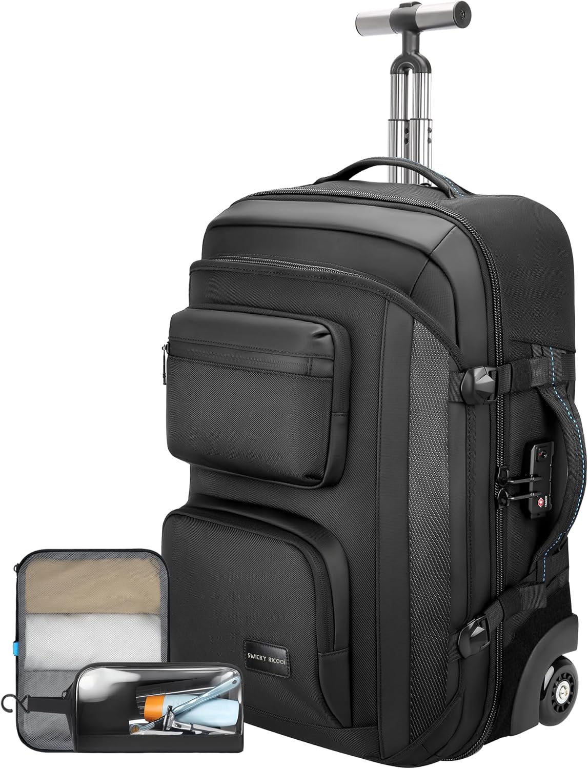 Carry on backpack with wheels, Rolling backpack with Dry-Wet Pocket, TSA Lock, Laptop Compartment, Water-Resistant for Men Women, Work, Air Travel（3-Piece Set-Includes Toiletry & Storage Bag）