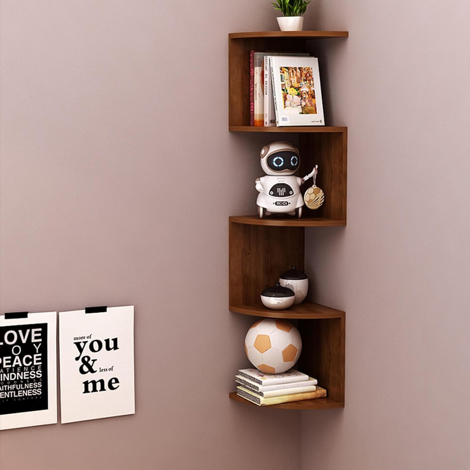 5-Tier Floating Bookshelf, Corner Shelf Wall Mount, Plant Shelf for Bedroom, Living Room, Bathroom, Home, Office, Fit 90-Degree Wall Corners (Brown 5 Tier)