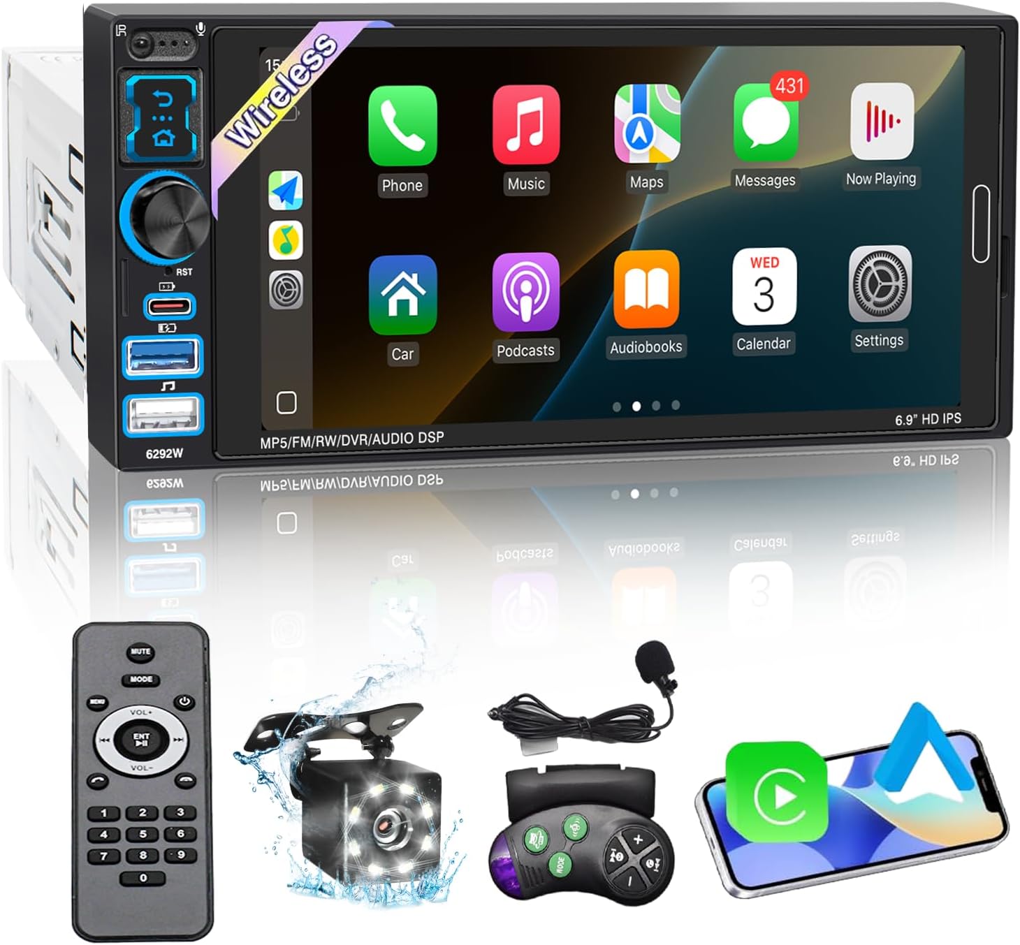 Single Din Car Stereo with Wireless Apple Carplay & Android Auto, 6.9