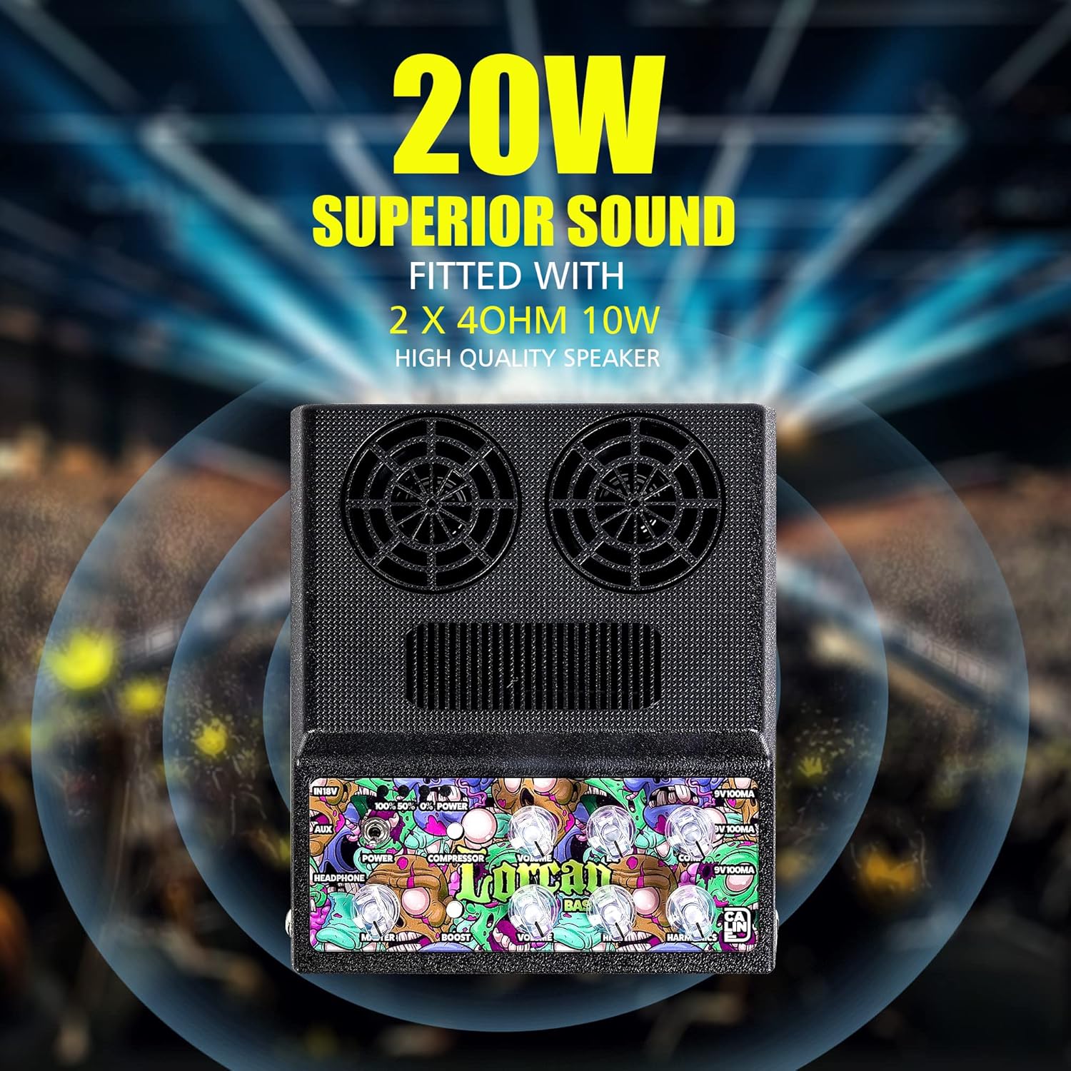 Caline 20W Electric Guitar Amp and Bass Amplifer Kits Rechargeable Mini Guitar Amplifer Combo for Desktop Practice with Distortion, Delay, Aux in and Headphone Jack