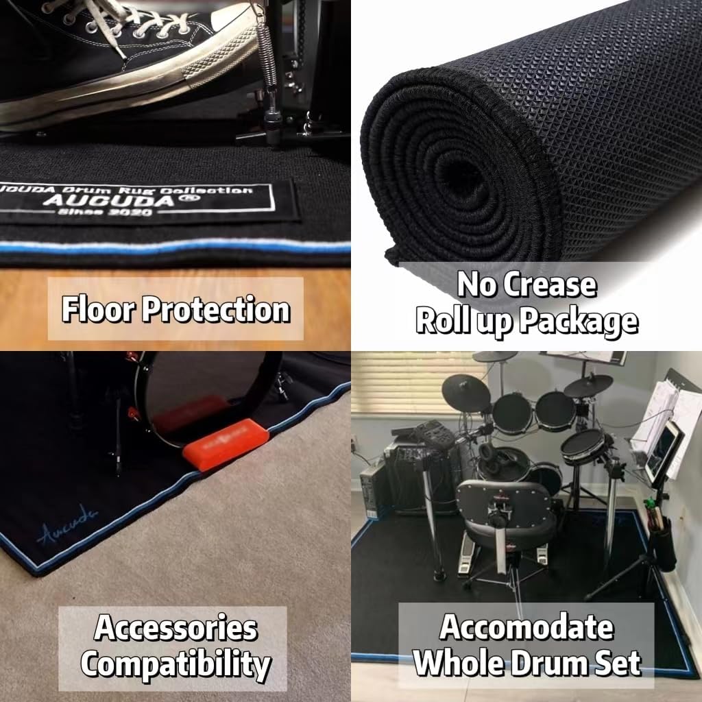 Aucuda Drum Rugs with Bass Drum Stopper, Drum Set Floor Mat, 4x6ft Electric Bass Drum Kit Pedal Carpet, Tightly Woven Fabric, Soundproof TPR Grip Bottom Accessories for Man, Apartment, Garage, Black.